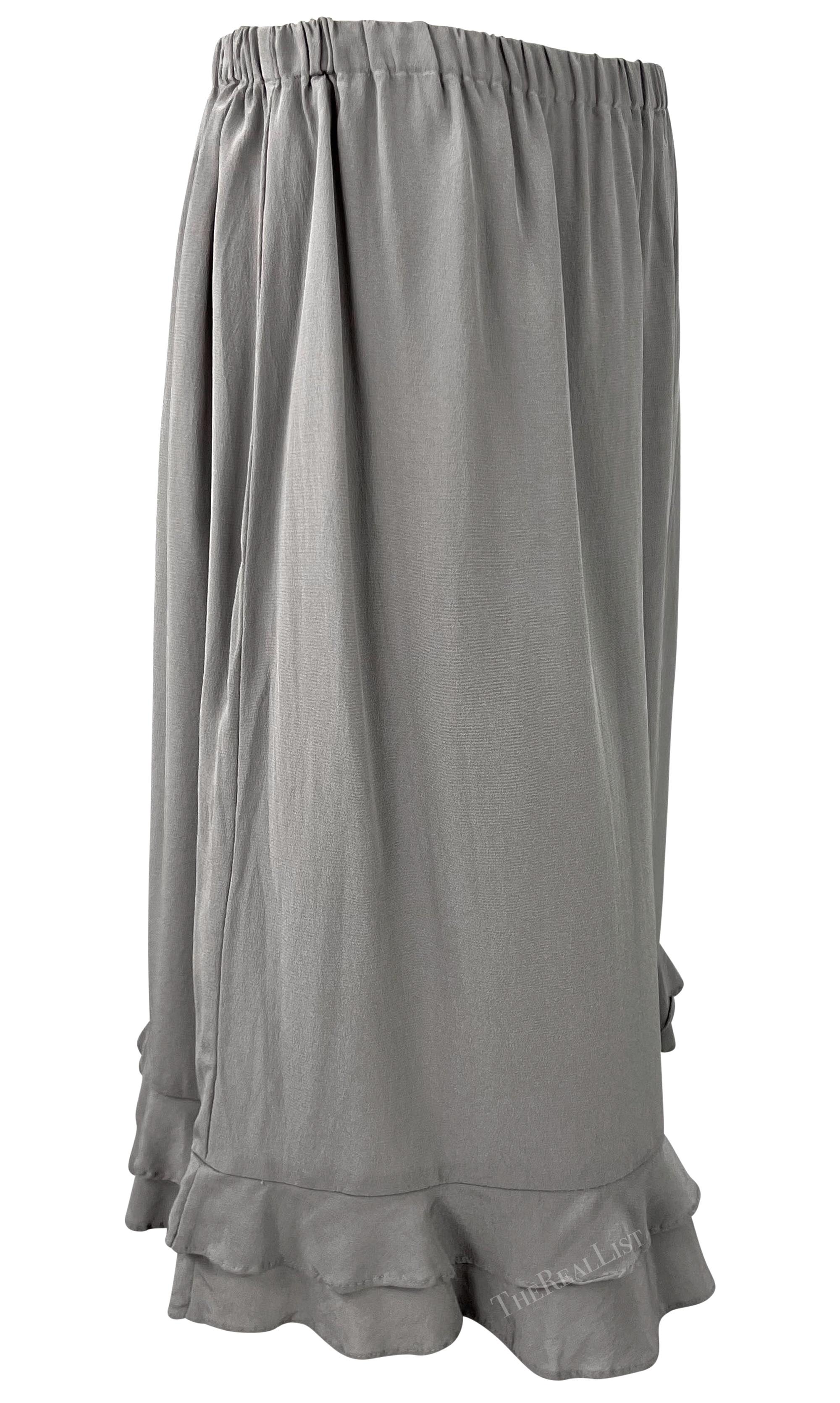 S/S 1999 Gucci by Tom Ford Ruffled Grey Silk Long Sleeve Top Skirt Set For Sale 8