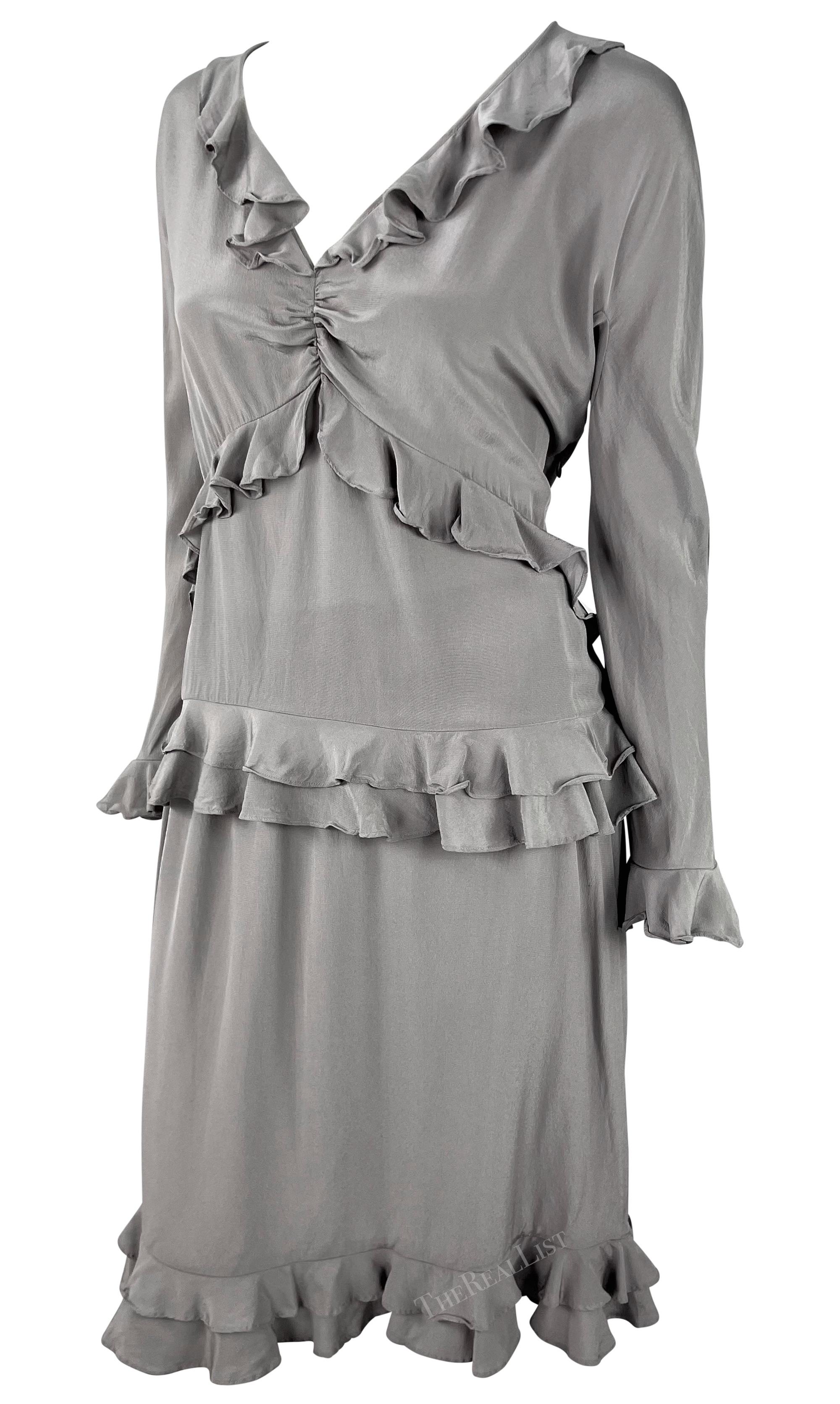 Gray S/S 1999 Gucci by Tom Ford Ruffled Grey Silk Long Sleeve Top Skirt Set For Sale