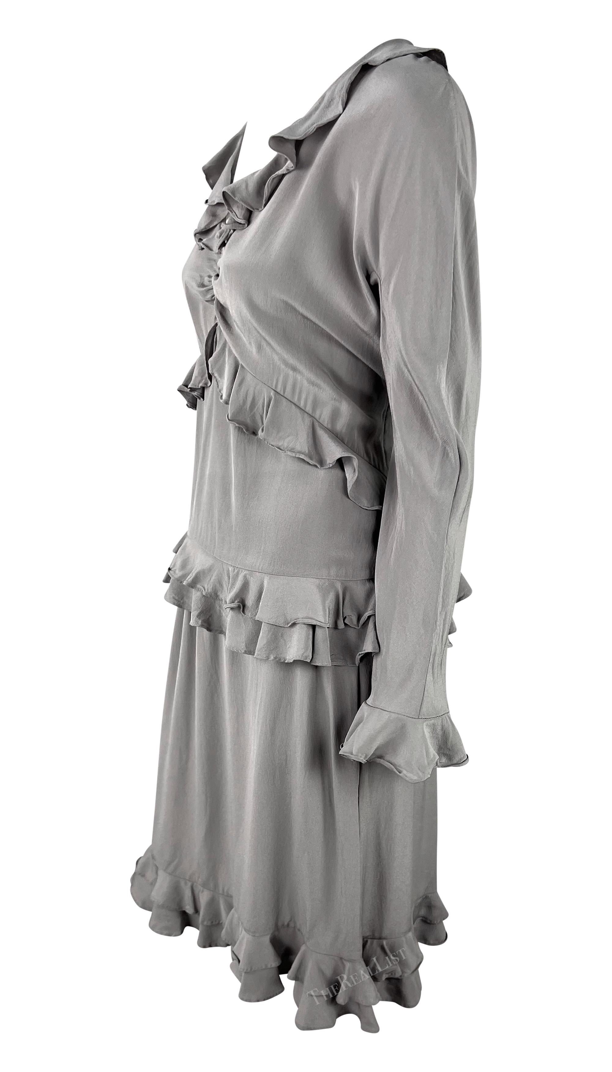 Women's S/S 1999 Gucci by Tom Ford Ruffled Grey Silk Long Sleeve Top Skirt Set For Sale