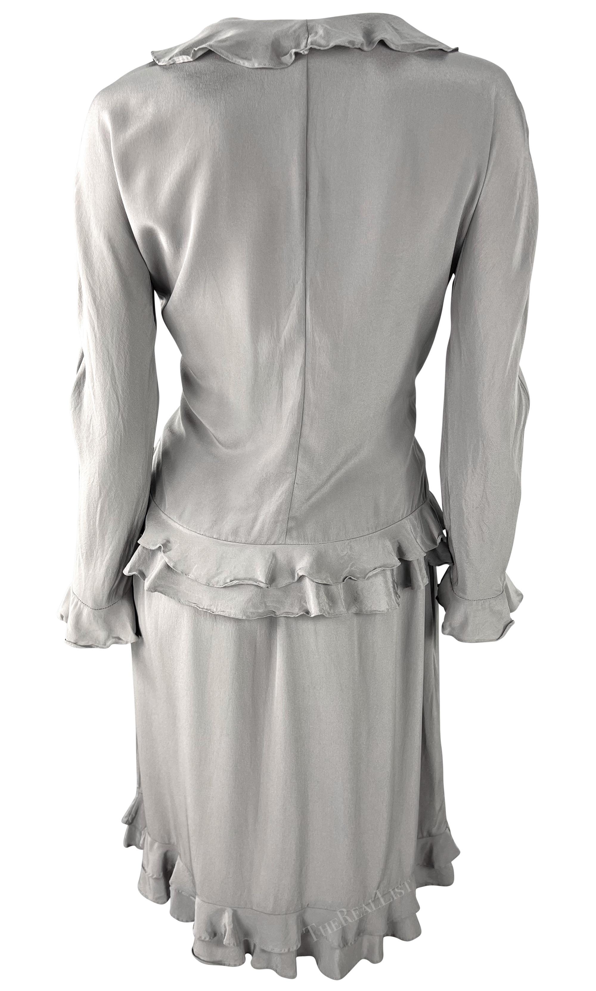 S/S 1999 Gucci by Tom Ford Ruffled Grey Silk Long Sleeve Top Skirt Set For Sale 1