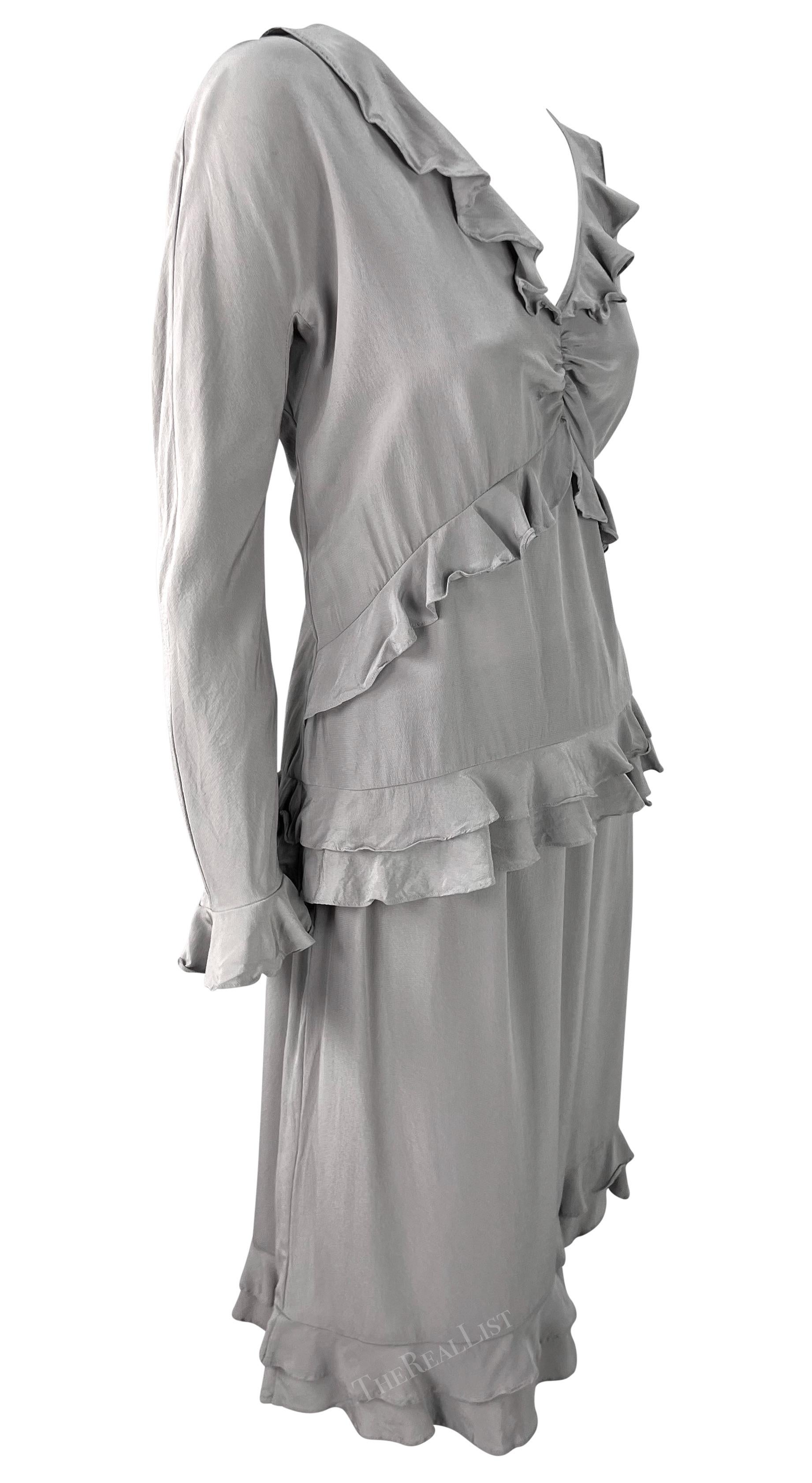 S/S 1999 Gucci by Tom Ford Ruffled Grey Silk Long Sleeve Top Skirt Set For Sale 2