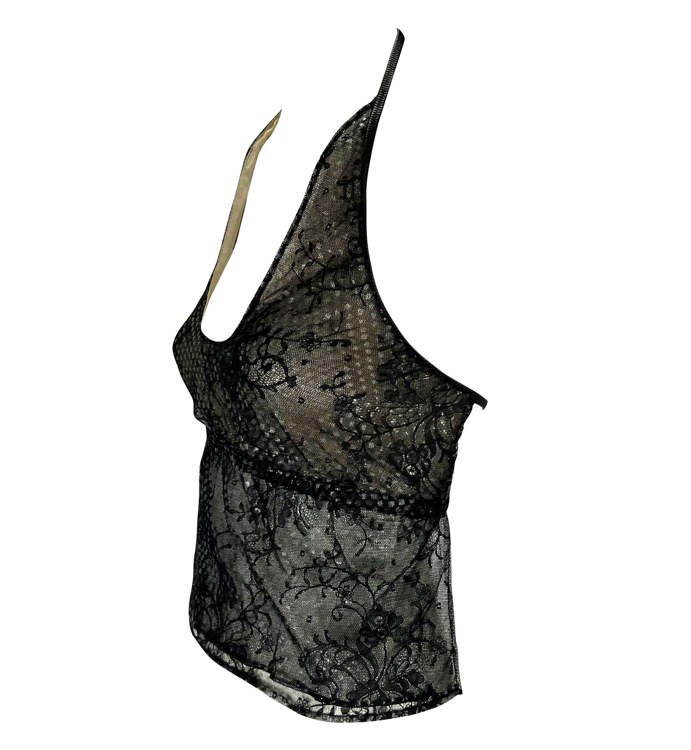 S/S 1999 Gucci by Tom Ford Runway Backless Sheer Floral Lace Leather Crop Top Unisexe en vente
