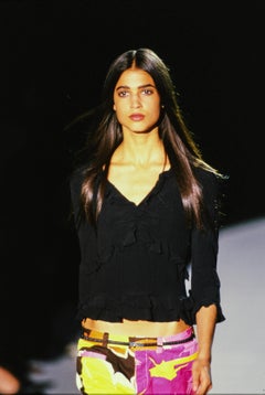 S/S 1999 Gucci by Tom Ford Runway Elasticized Teal Leather Logo Thin Belt