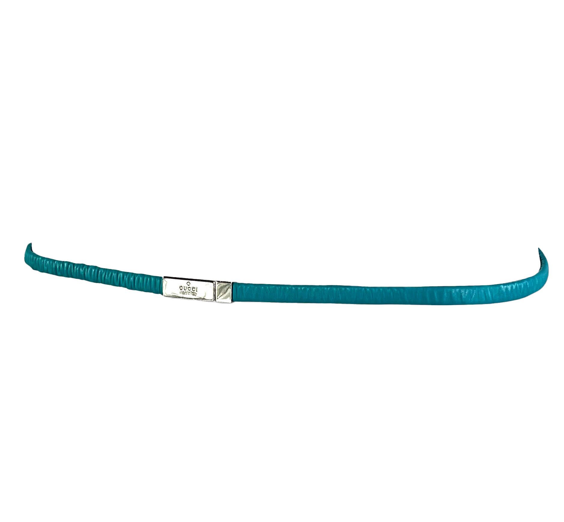 S/S 1999 Gucci by Tom Ford Runway Elasticized Teal Leather Logo Thin Belt For Sale 1