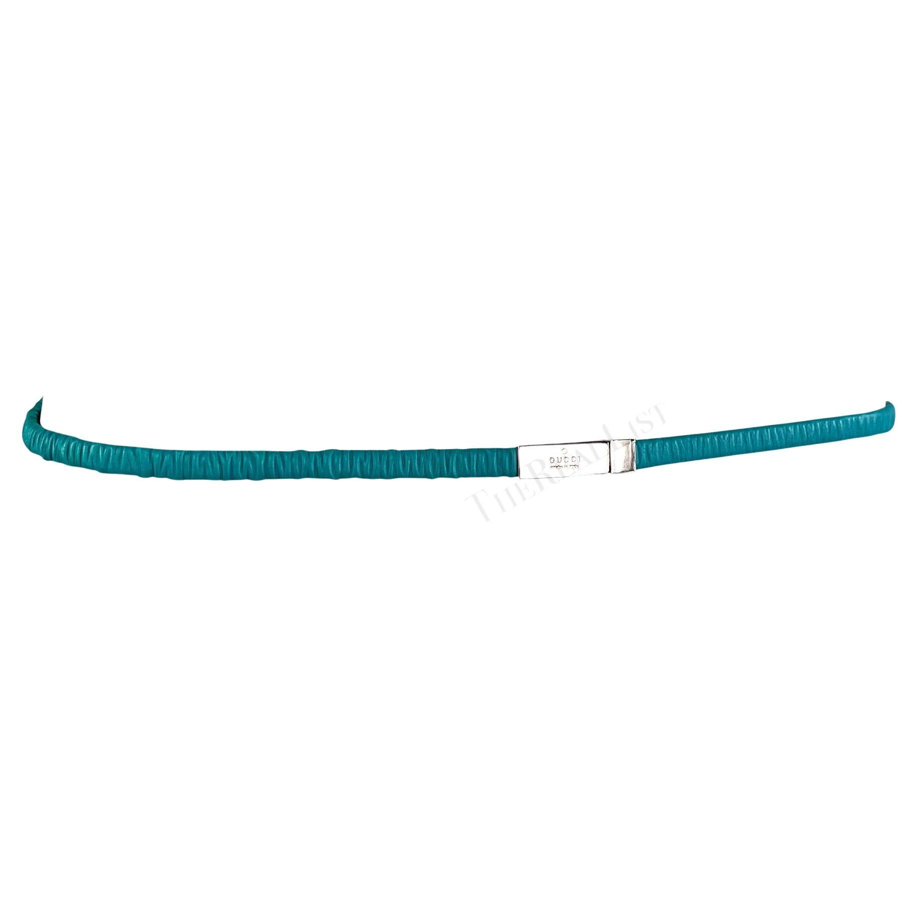 S/S 1999 Gucci by Tom Ford Runway Elasticized Teal Leather Logo Thin Belt For Sale