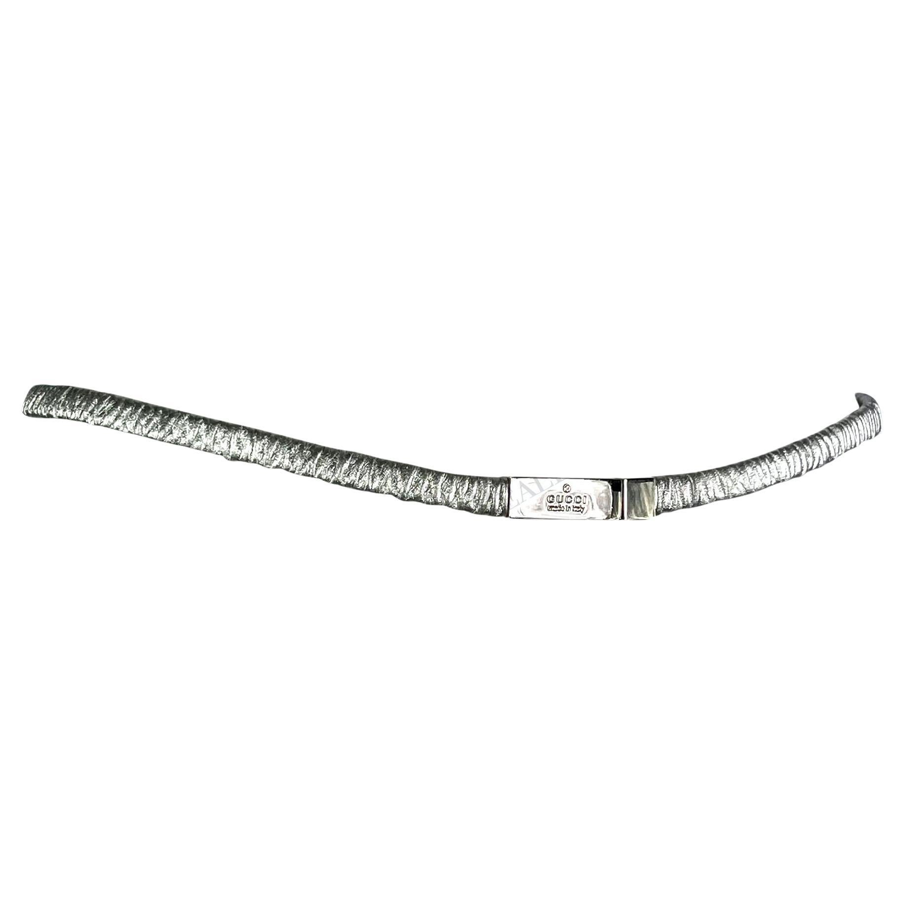S/S 1999 Gucci by Tom Ford Runway Silver Elasticized Leather Logo Thin Belt For Sale