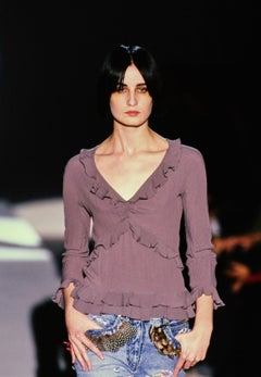 S/S 1999 Gucci by Tom Ford Saddle Brown Ruffle Leather V-Neck Blouse