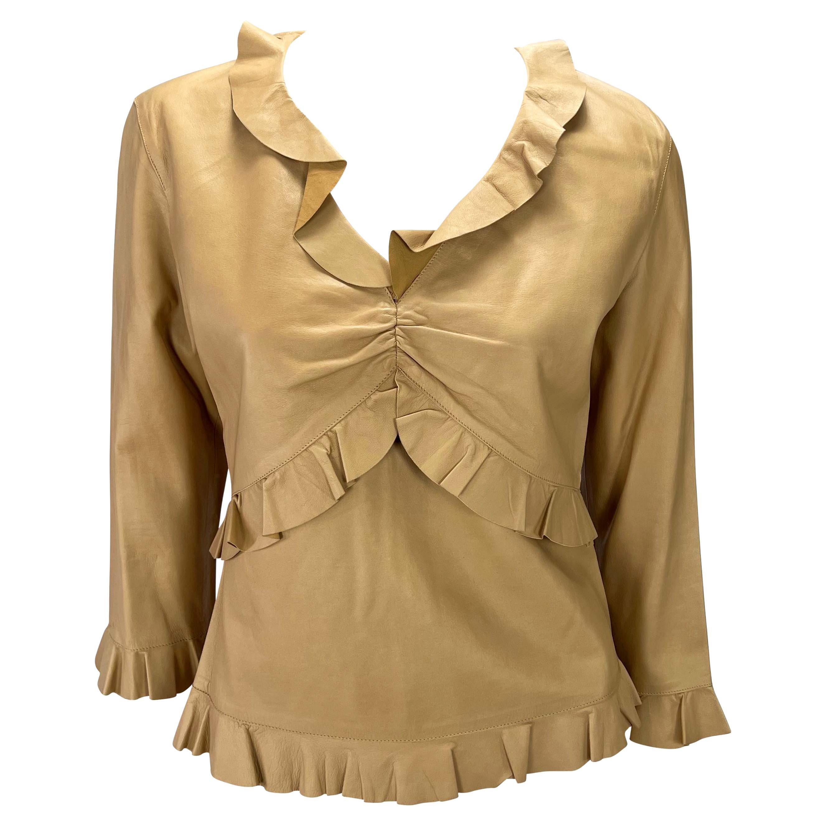 S/S 1999 Gucci by Tom Ford Saddle Brown Ruffle Leather V-Neck Blouse For Sale