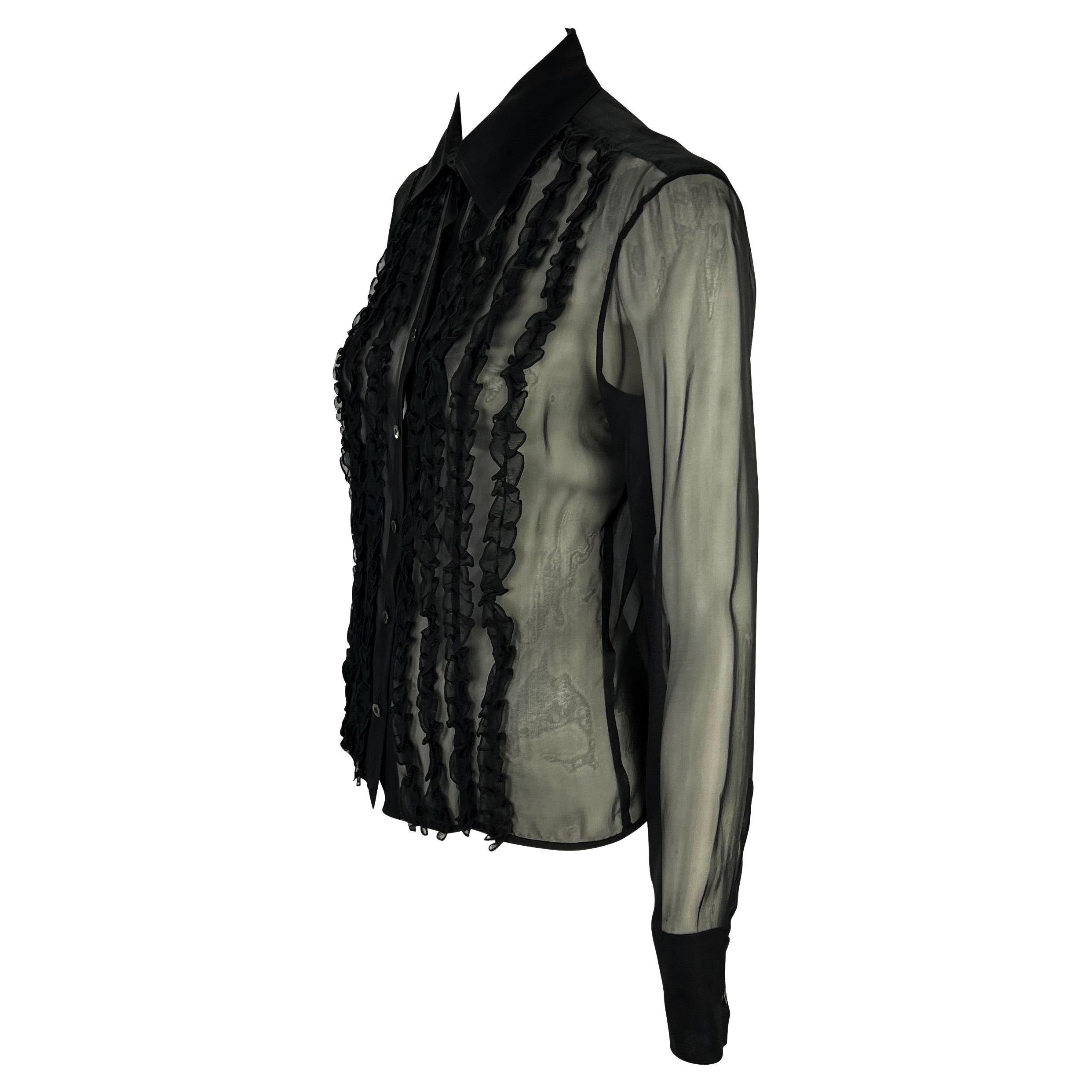 S/S 1999 Gucci by Tom Ford Camisa abotonada con cuello de volante de seda transparente Negro en venta