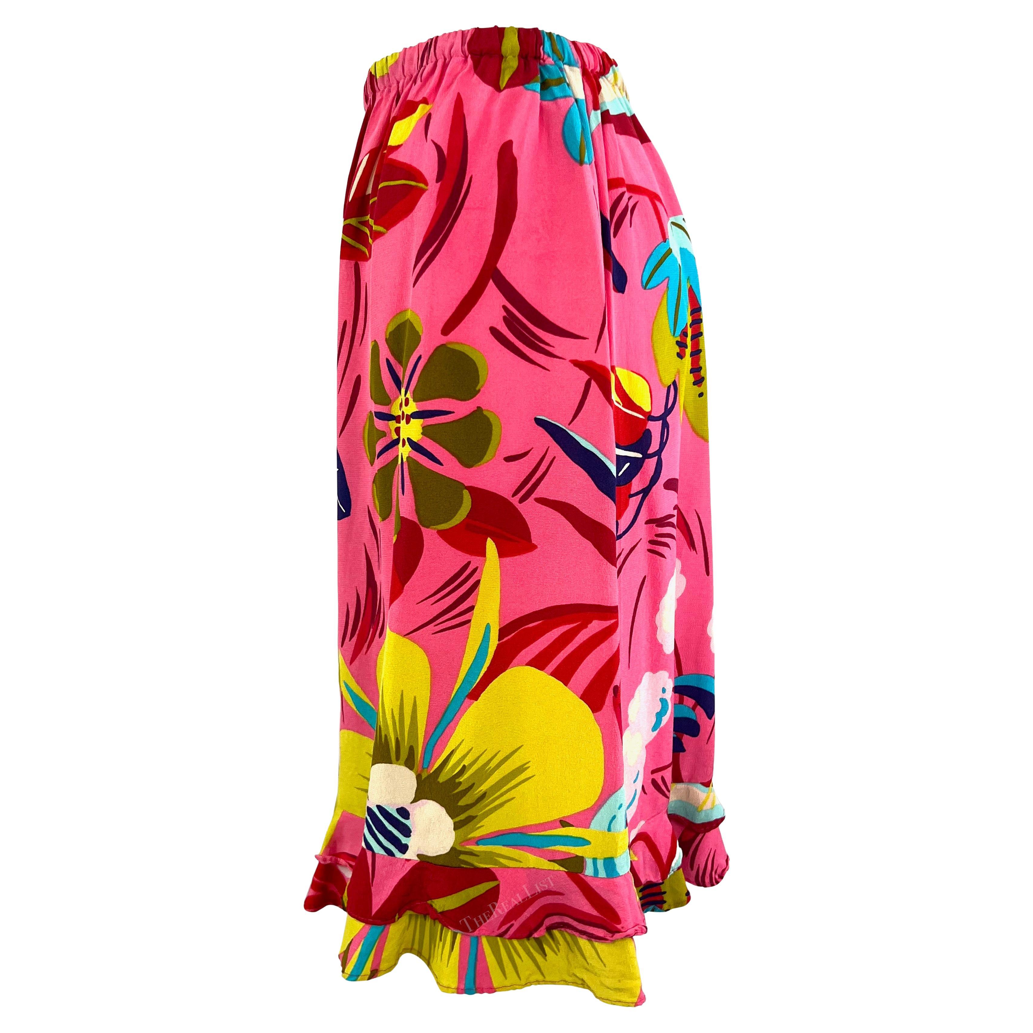 S/S 1999 Gucci by Tom Ford Vegas Hippy Runway Pink Silk Acid Floral Ruffle Skirt For Sale 1