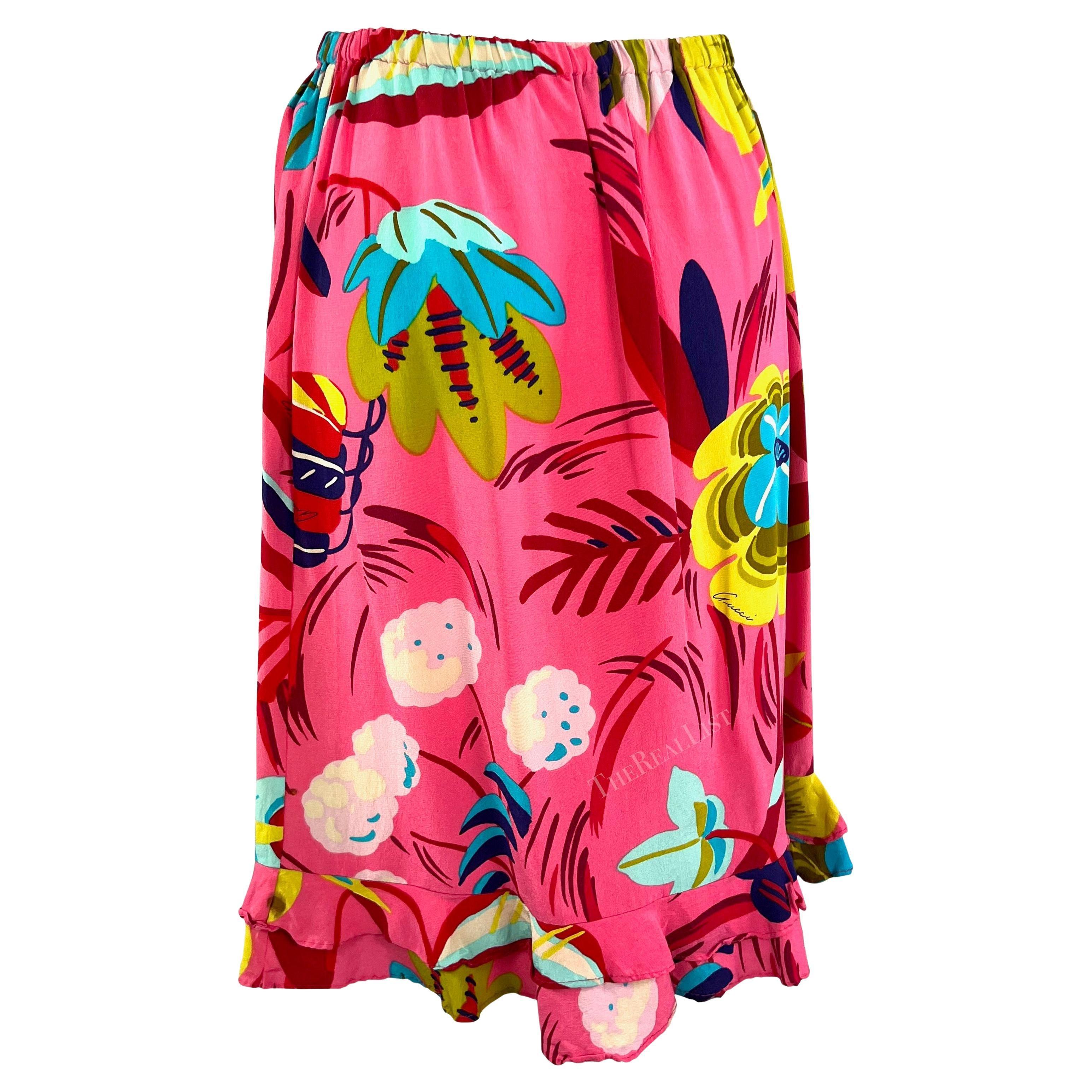 P/E 1999 Gucci by Tom Ford Vega Hippy Runway Gonna con volant floreale in seta acida rosa in vendita 1