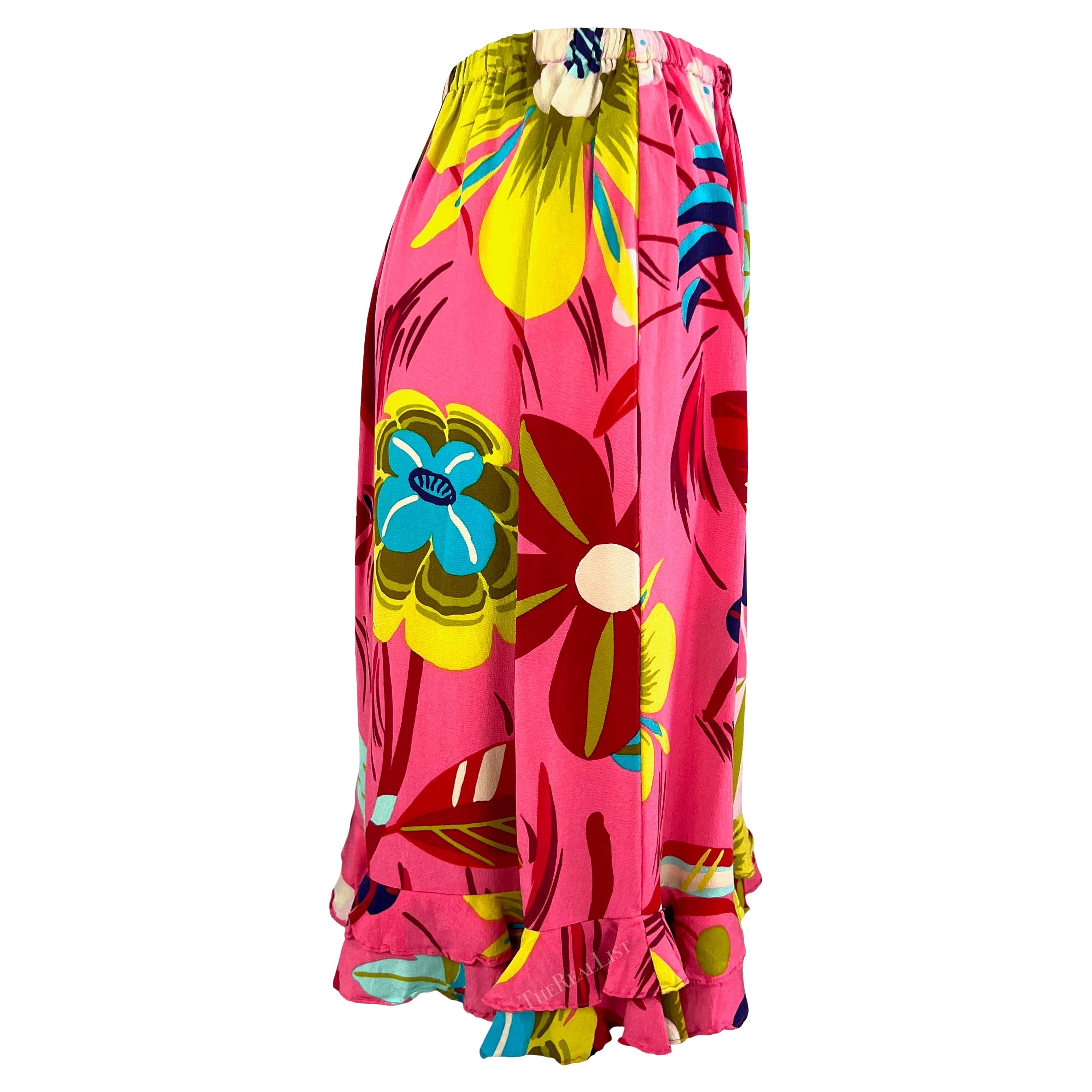 S/S 1999 Gucci by Tom Ford Vegas Hippy Runway Pink Silk Acid Floral Ruffle Skirt For Sale 3