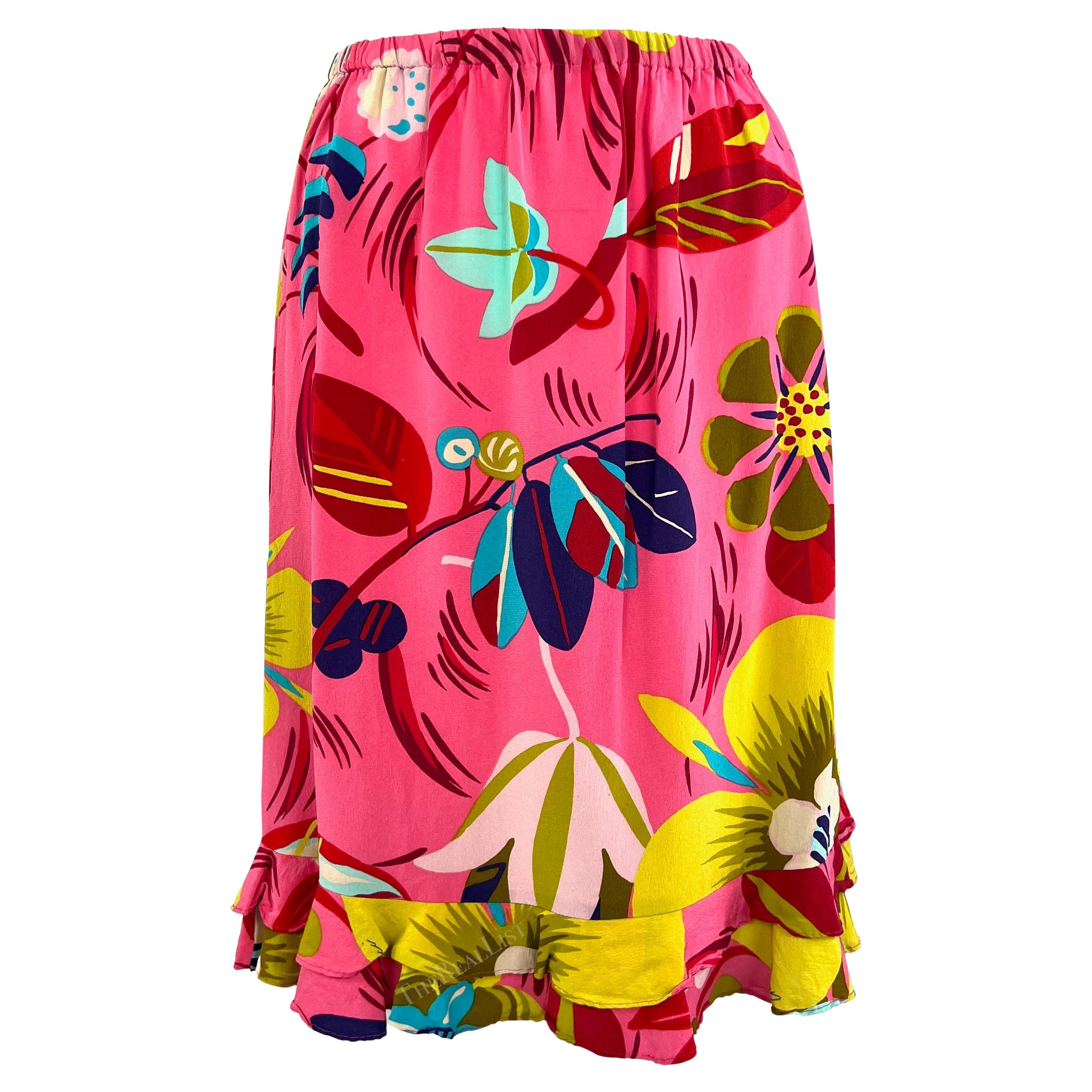 S/S 1999 Gucci by Tom Ford Vegas Hippy Runway Pink Silk Acid Floral Ruffle Skirt For Sale