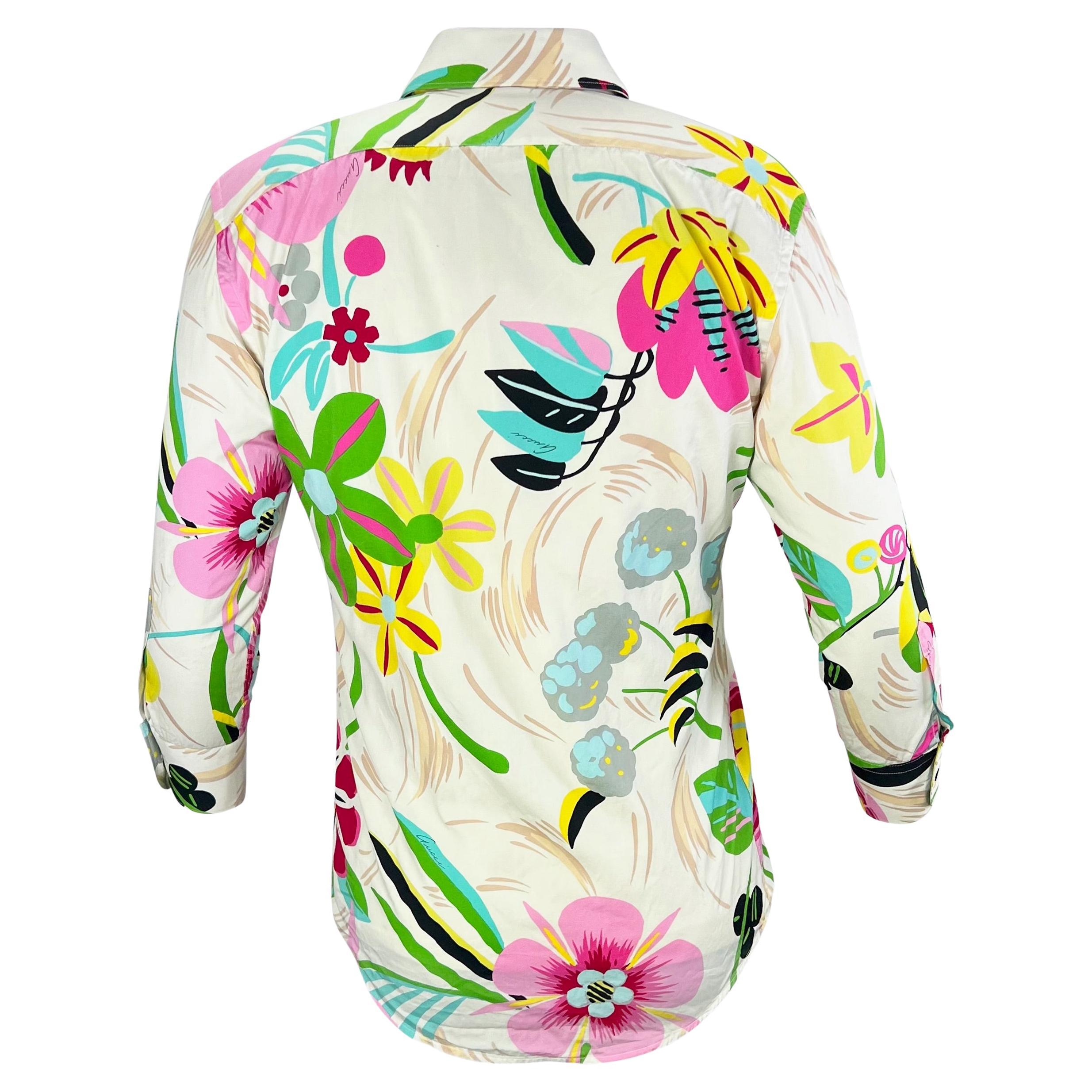 F/S 1999 Gucci by Tom Ford Weißes psychedelisches, geblümtes Herrenhemd mit Knopfleiste im Angebot 3