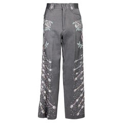 Vintage S/S 1999 Gucci Grey Silk Peacock Trousers with Beaded Floral Pattern