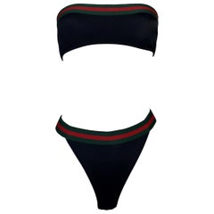 S/S 1999 Gucci Tom Ford Black Green Red Striped Strapless High Waist Bikini