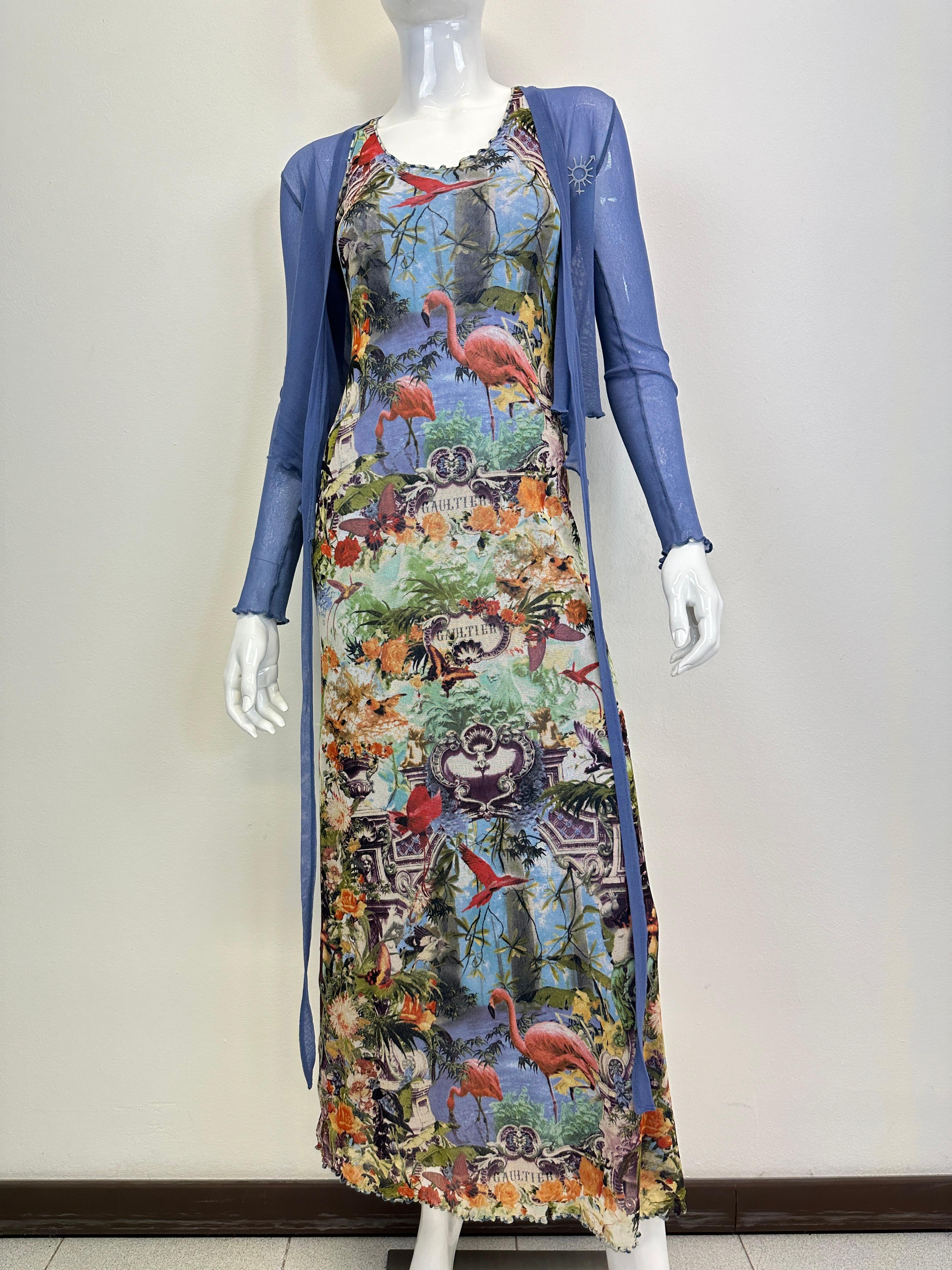S/S 1999 Jean Paul Gaultier flamingo tropical maxi dress with cardigan For Sale 14