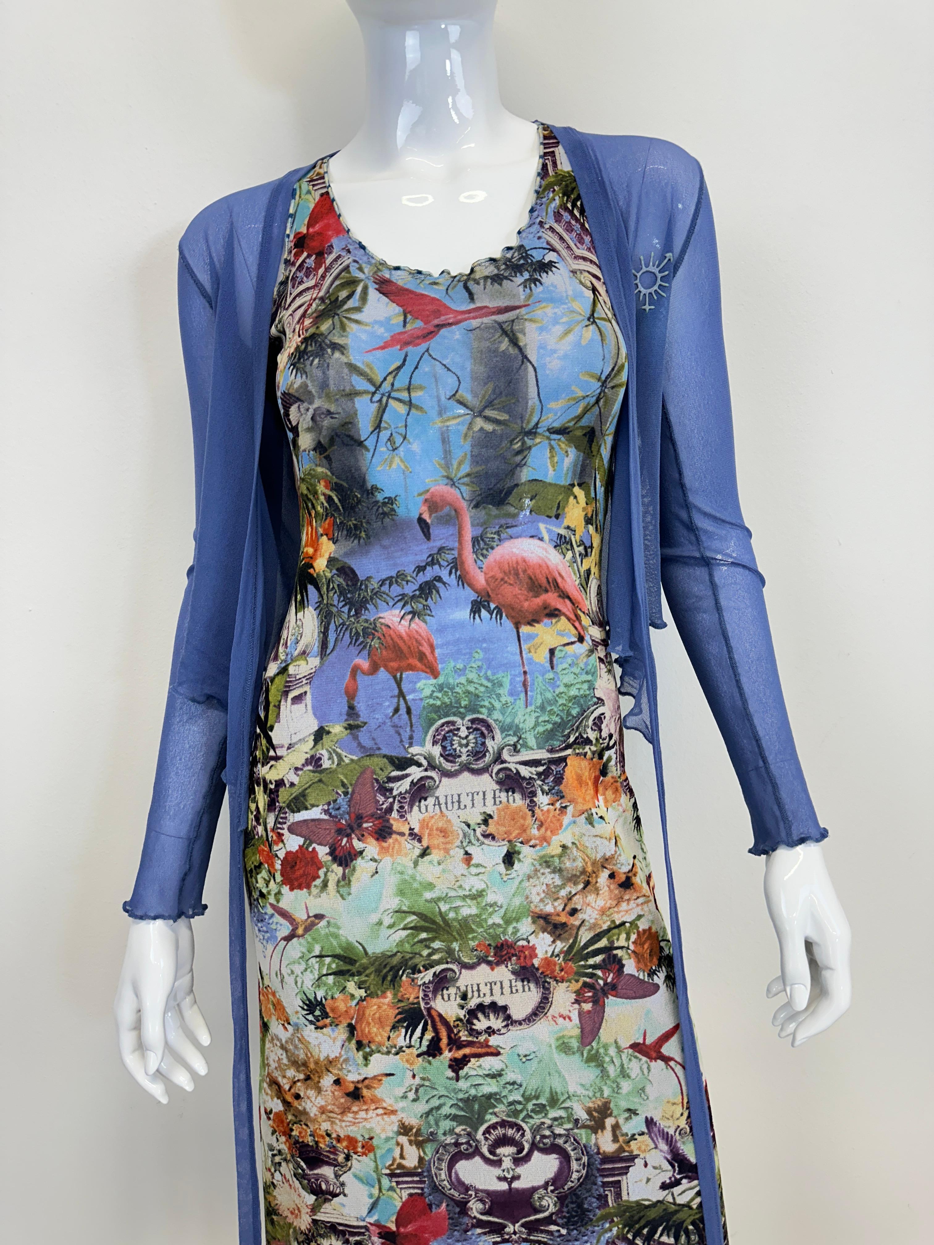 S/S 1999 Jean Paul Gaultier flamingo tropical maxi dress with cardigan In Excellent Condition For Sale In Padova, IT