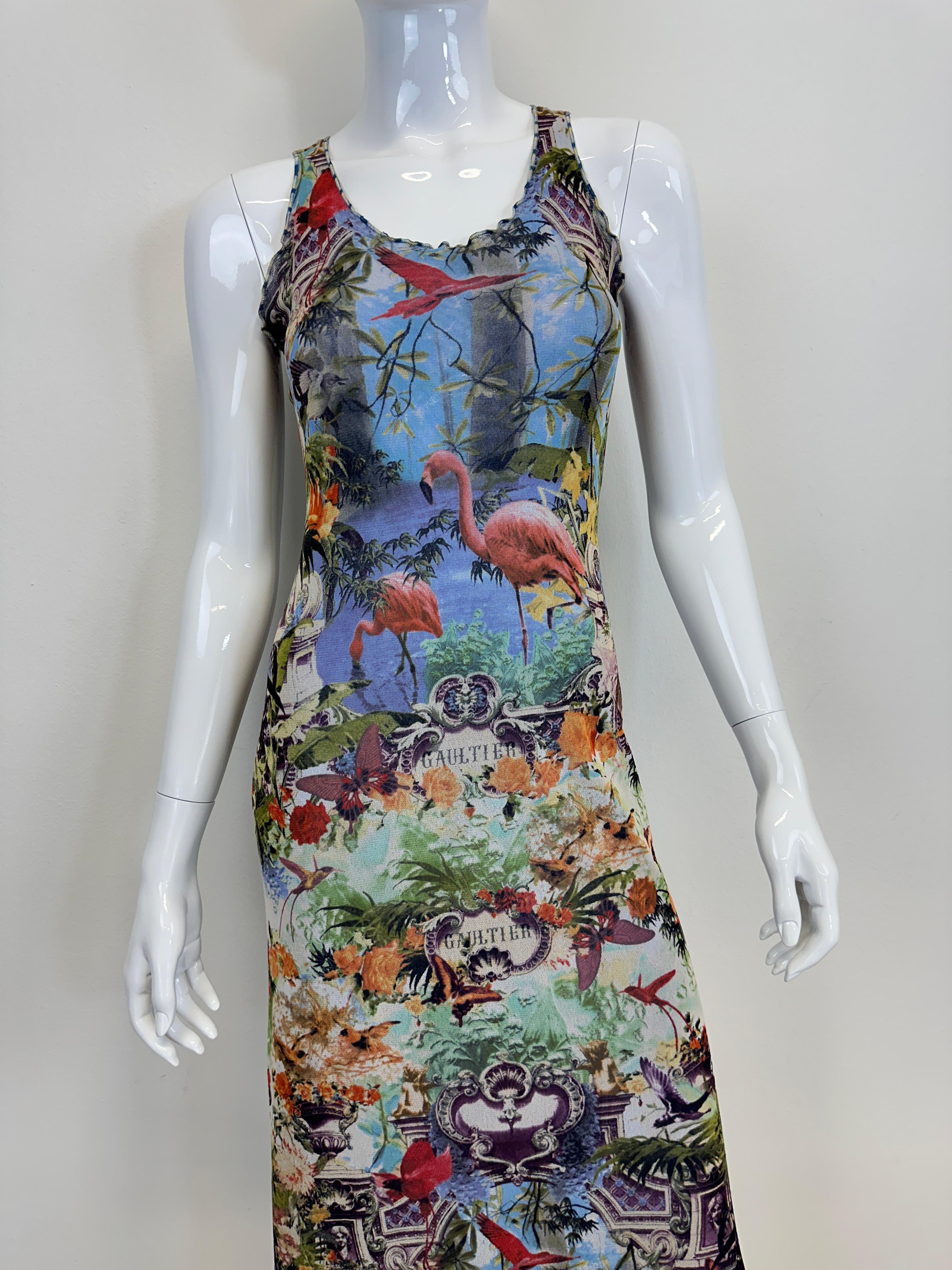 S/S 1999 Jean Paul Gaultier flamingo tropical maxi dress with cardigan For Sale 1