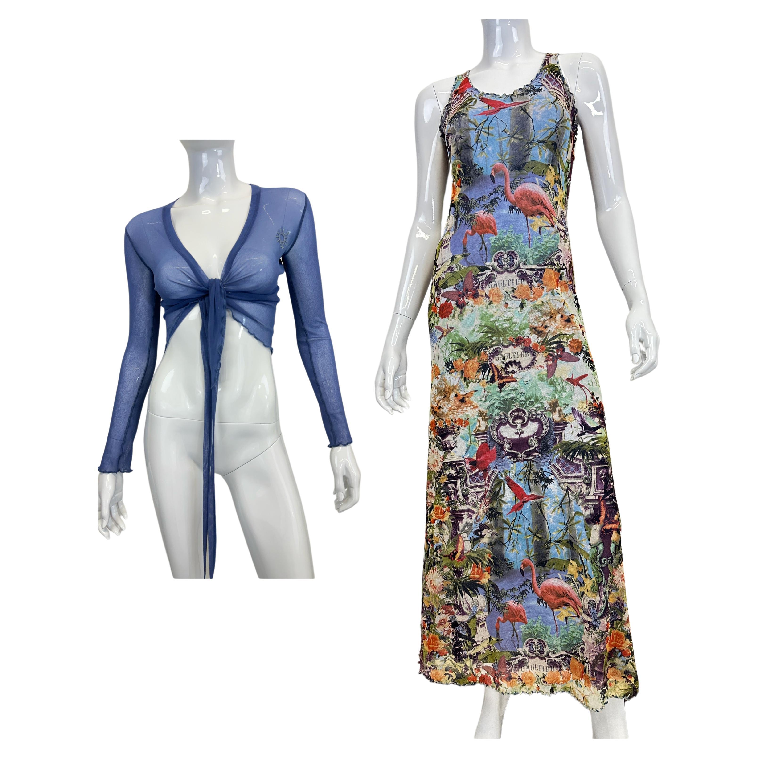 S/S 1999 Jean Paul Gaultier flamingo tropical maxi dress with cardigan For Sale