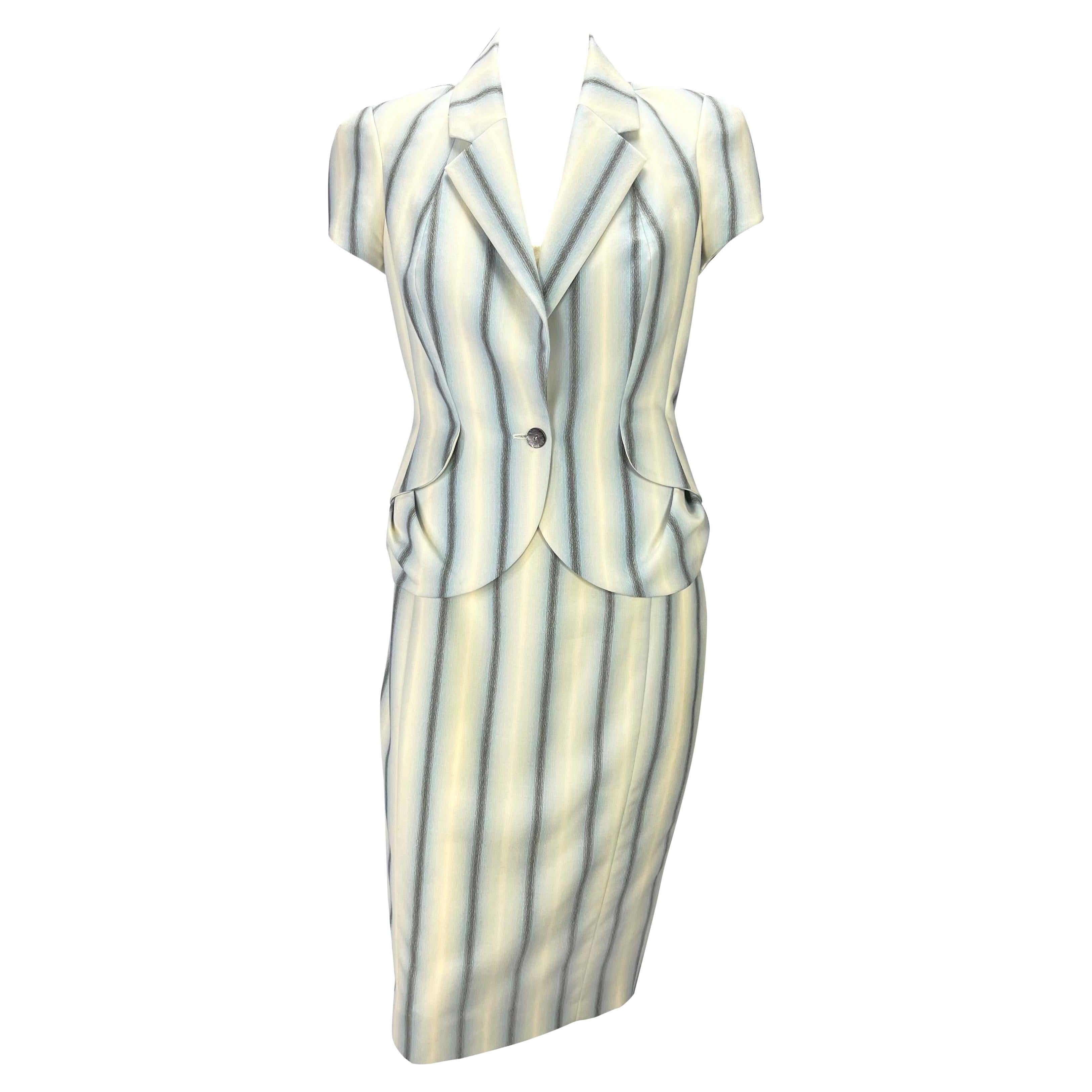 S/S 1999 John Galliano Blue Cream Stripe Bodycon Dress and Jacket Set