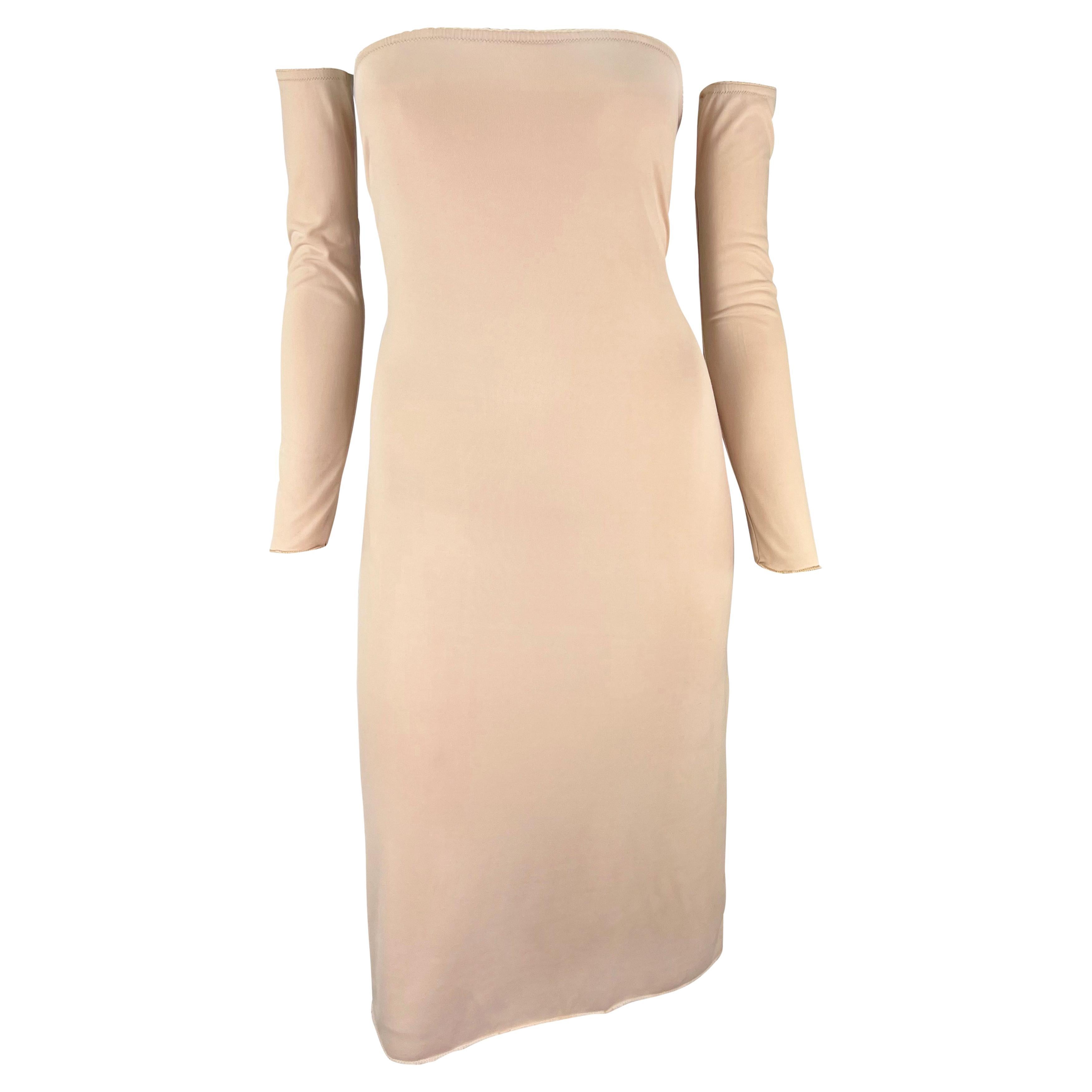S/S 1999 Maison Martin Margiela Beige Stretch Tube Arm Sleeve Slip Dress For Sale
