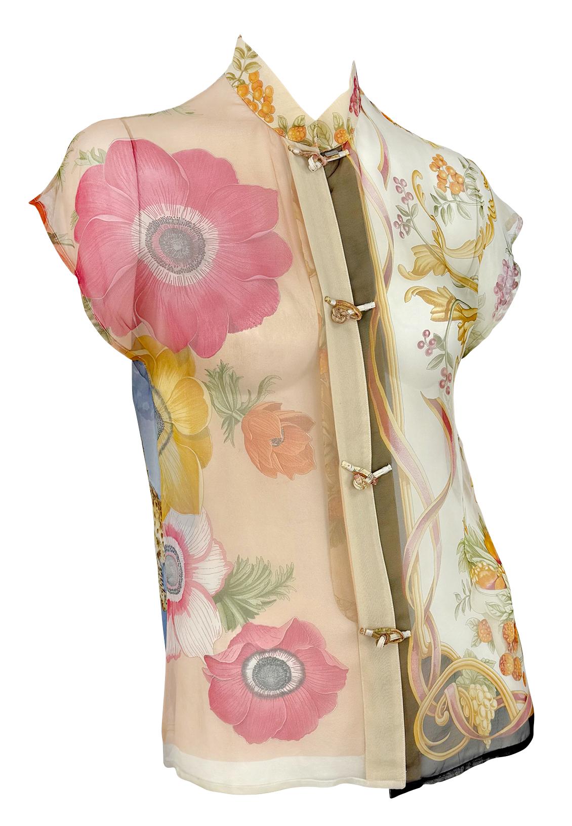 Haut à fleurs multicolore en soie transparente Salvatore Ferragamo Runway Ad S/S 1999 Pour femmes en vente