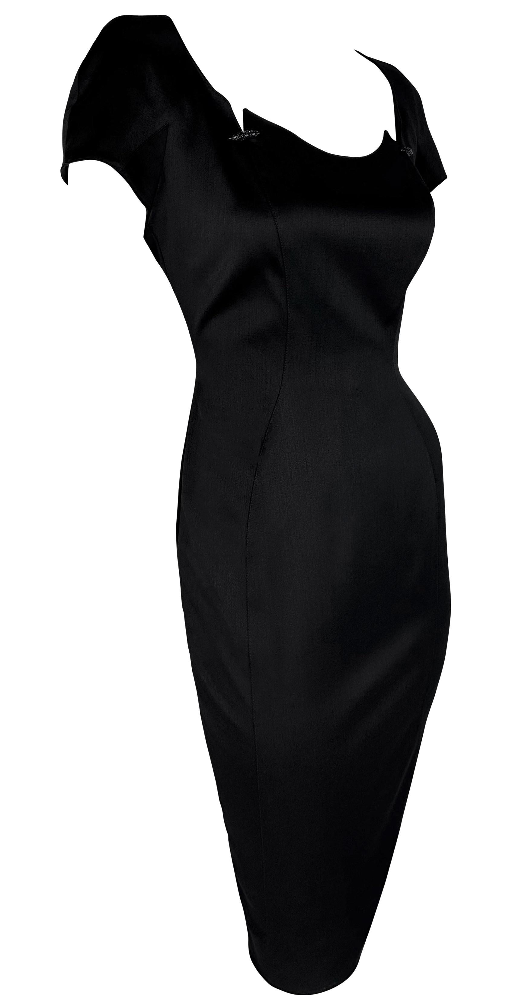 S/S 1999 Thierry Mugler Black Rhinestone Accent Wide Neckline Midi Dress For Sale 4