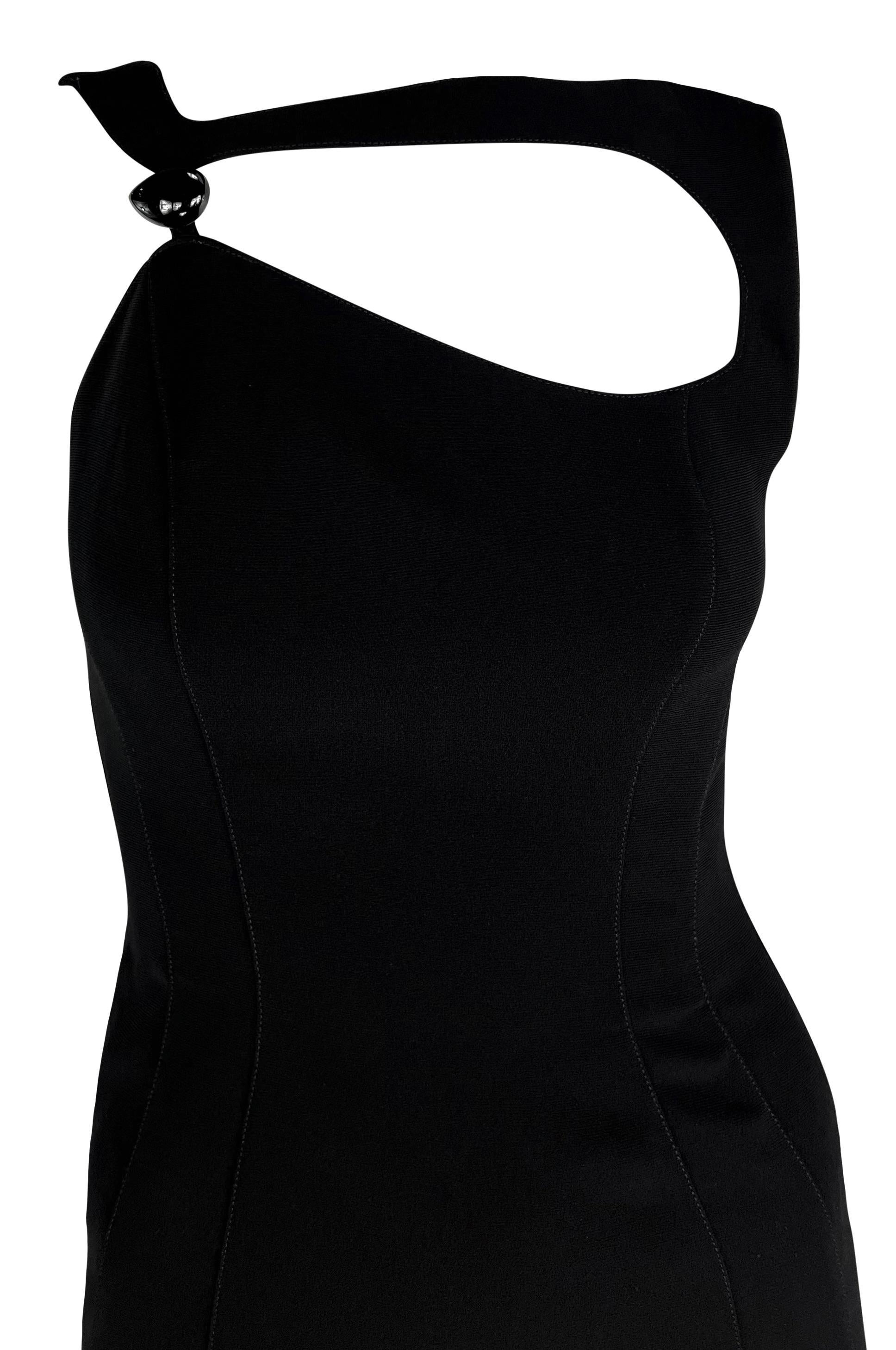 Women's S/S 1999 Thierry Mugler Runway Asymmetric Brooch Detail Black Pencil Dress For Sale