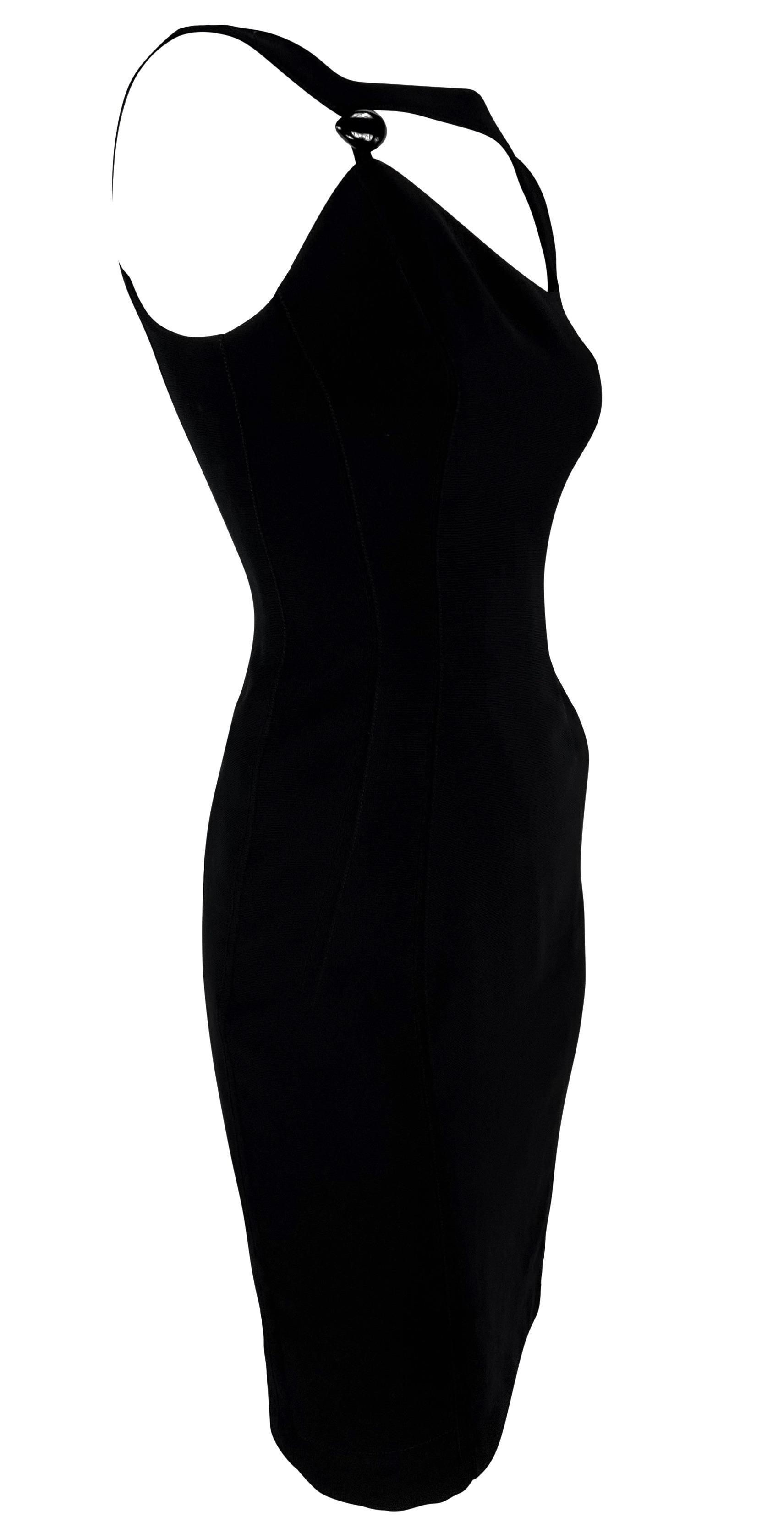 S/S 1999 Thierry Mugler Runway Asymmetric Brooch Detail Black Pencil Dress For Sale 5
