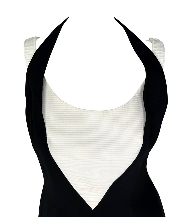 Women's S/S 1999 Thierry Mugler Runway Black White Halter Cinched Flare Evening Gown For Sale