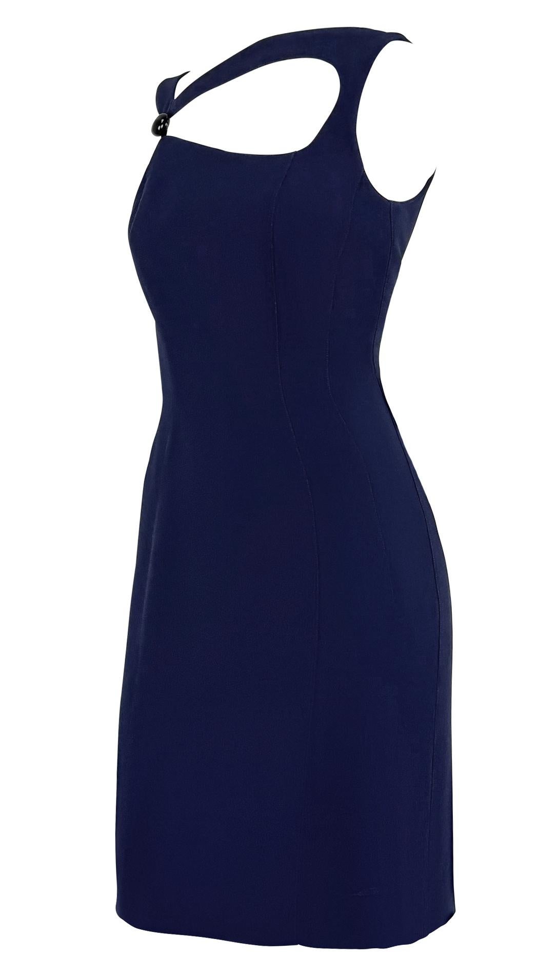 Women's S/S 1999 Thierry Mugler Runway Navy Abstract Brooch Midi Pencil Dress For Sale