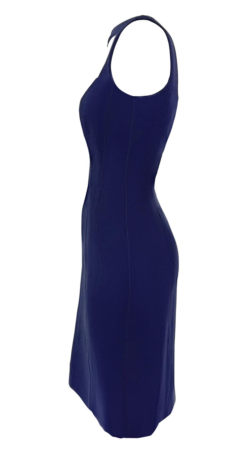 S/S 1999 Thierry Mugler Runway Navy Abstract Brooch Midi Pencil Dress For Sale 1
