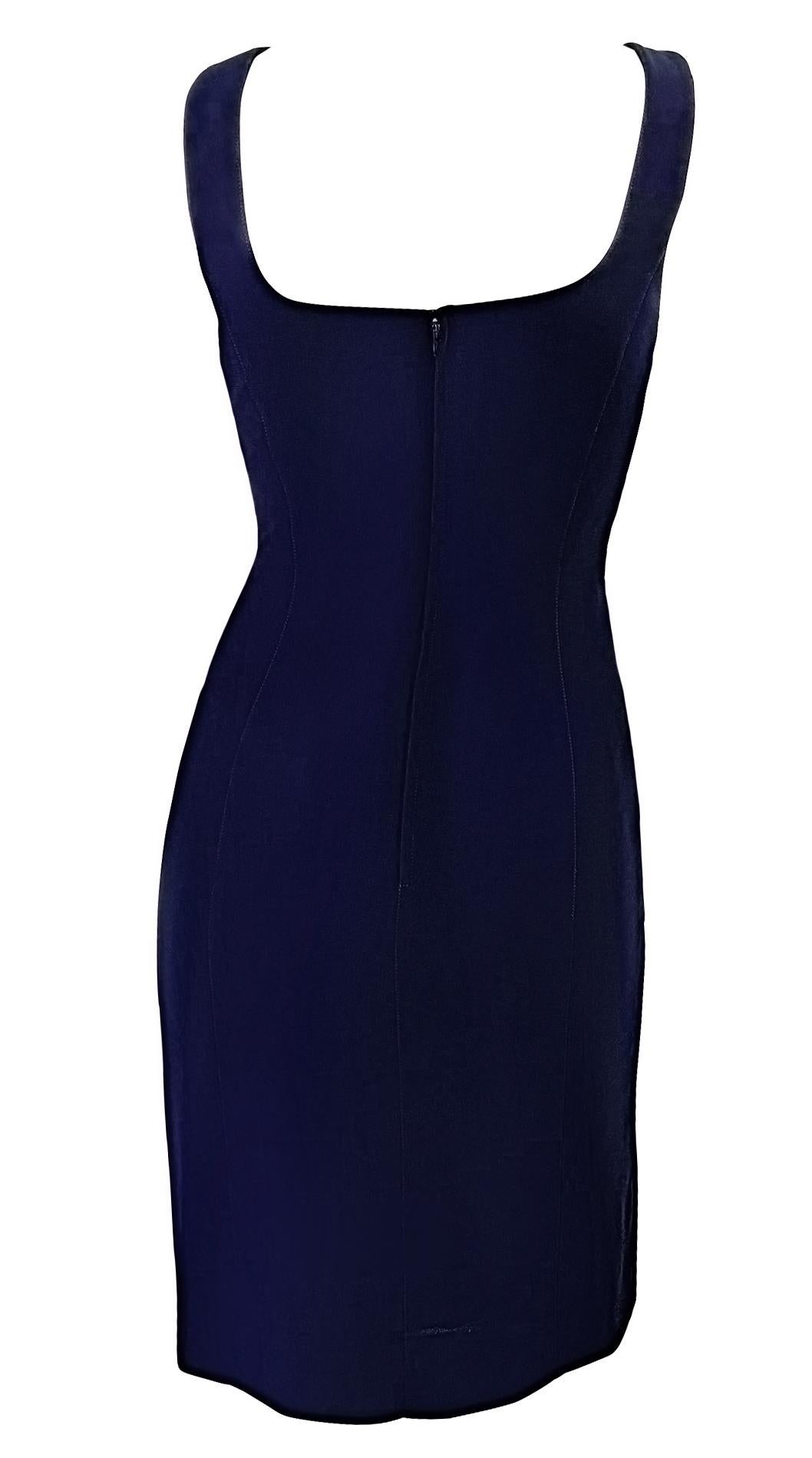 S/S 1999 Thierry Mugler Runway Navy Abstract Brooch Midi Pencil Dress For Sale 2