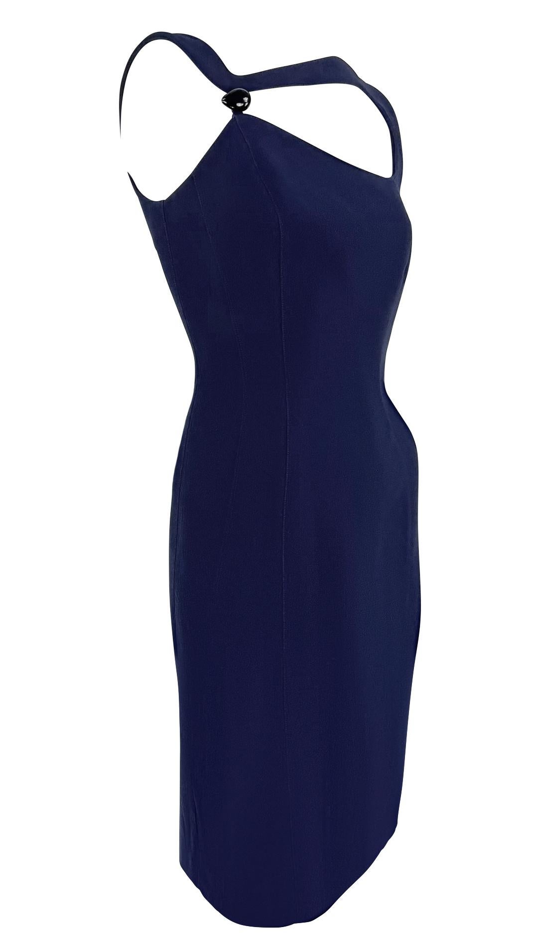 S/S 1999 Thierry Mugler Runway Navy Abstract Brooch Midi Pencil Dress For Sale 4