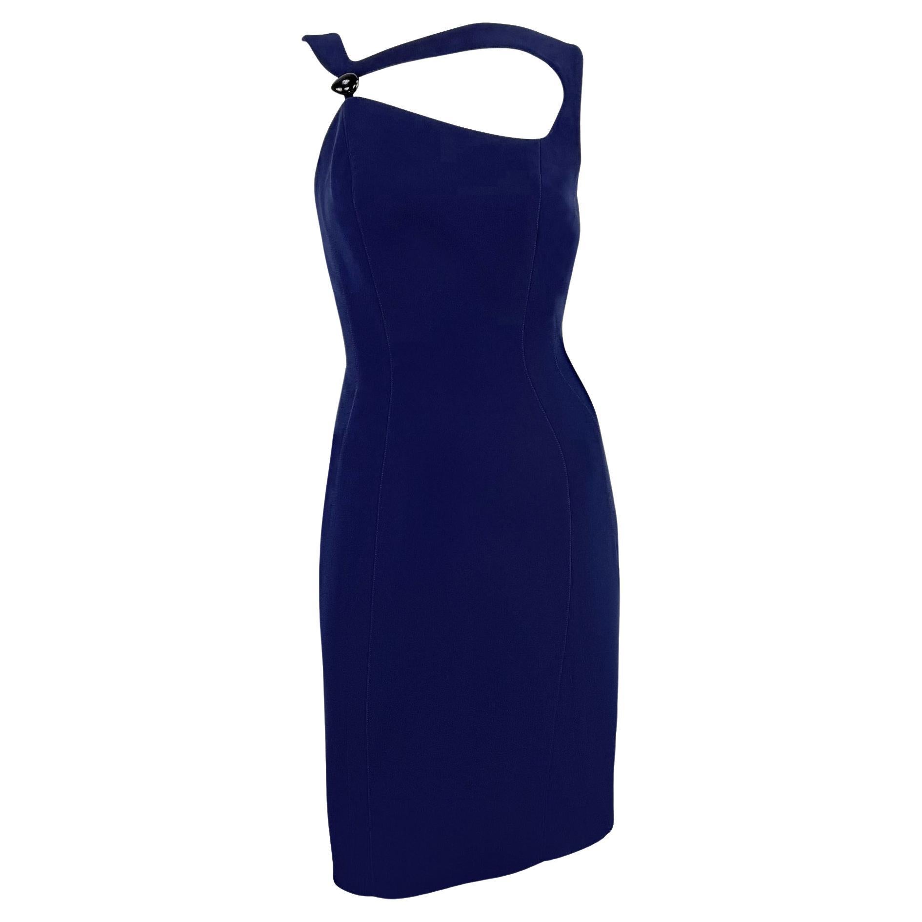 S/S 1999 Thierry Mugler Runway Navy Abstract Brooch Midi Pencil Dress For Sale