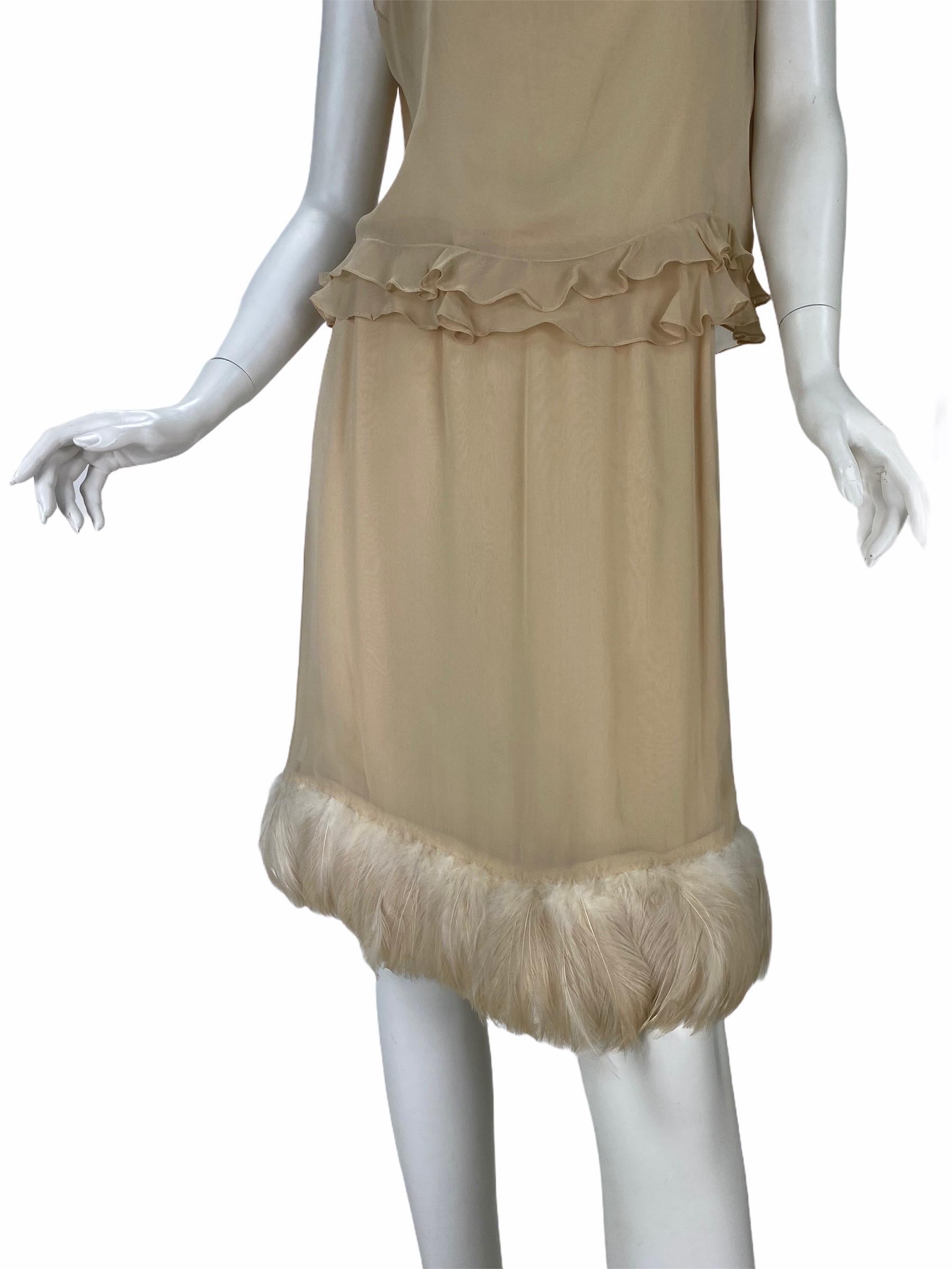 Brown S/S 1999 Vintage Tom Ford for Gucci Nude Silk Skirt Set W/ Feathers Italian 38 For Sale