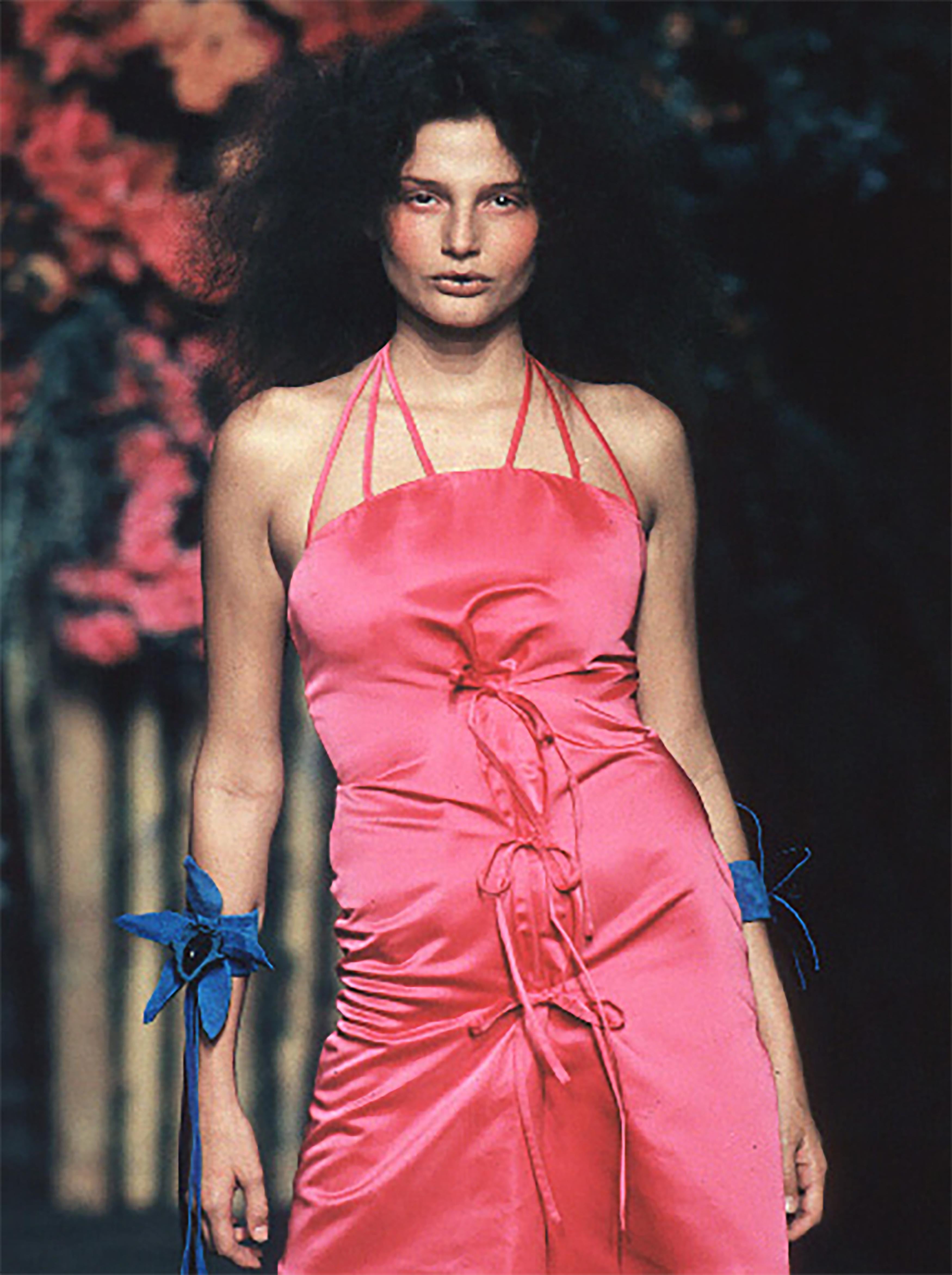S/S 1999 Vivienne Westwood 'Red Label' hot pink silk gown with adjustable front ribbon ties. Halter neck gown with double straps that snap at front. Hidden side zip closure. As seen on the runway in mini version and in black colorway. 'Red Label'