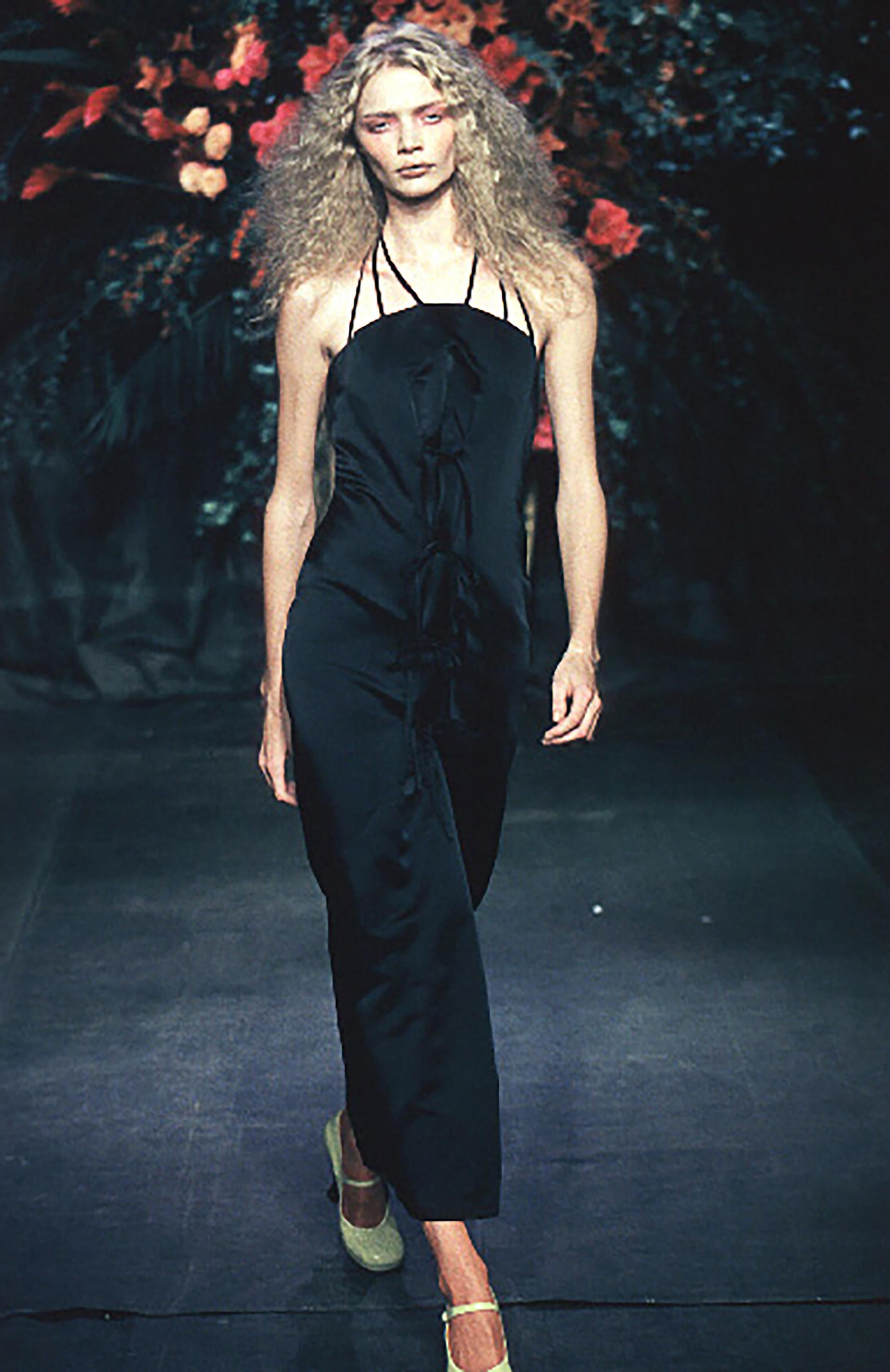 S/S 1999 Vivienne Westwood 'Red Label' white silk gown with adjustable front ribbon ties. Halter neck gown with double straps. Hidden side zip closure. As seen on the runway in black colorway.