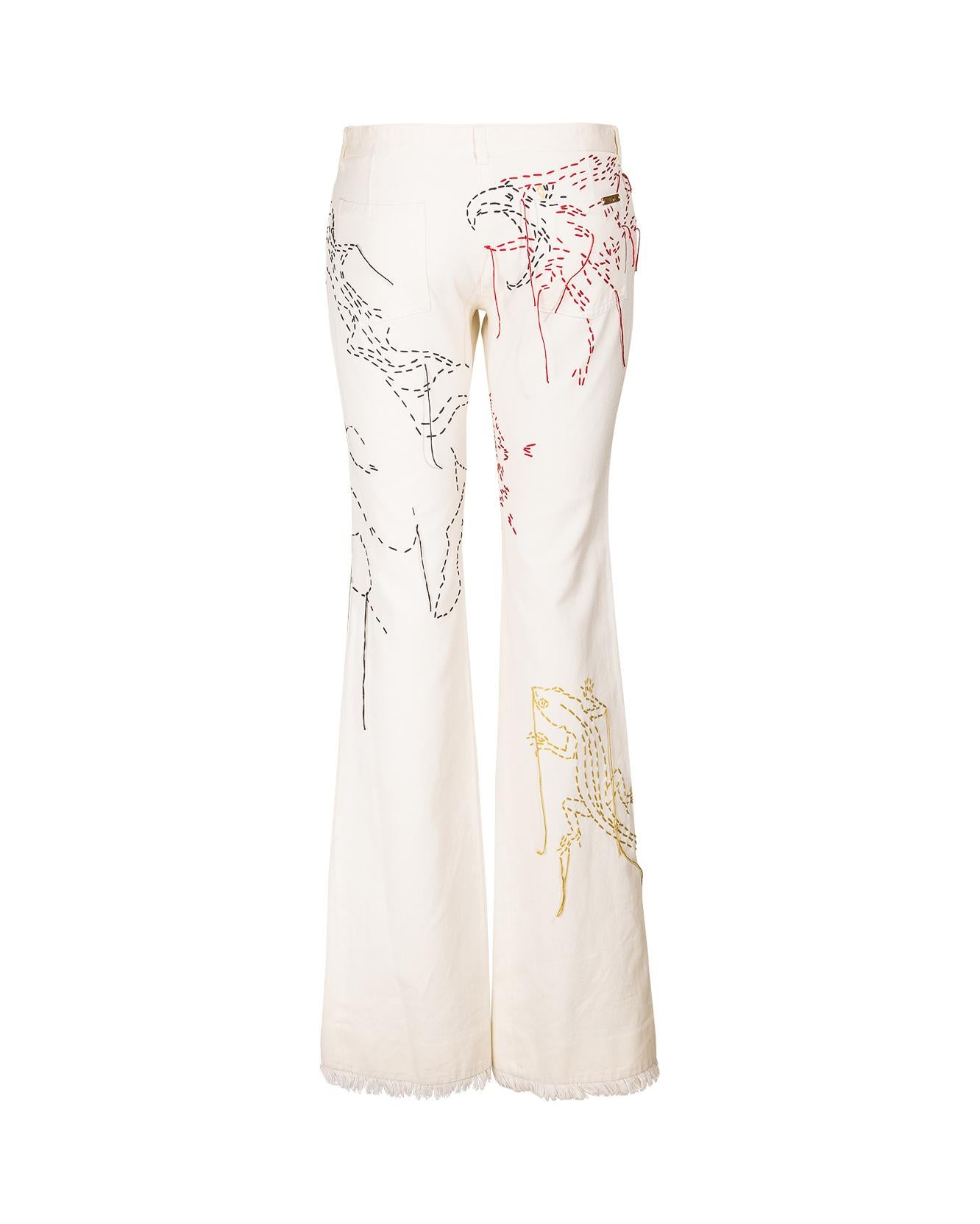 S/S 2000 Chloe by Stella McCartney Cream Jeans with Embroidered Animals In Excellent Condition In North Hollywood, CA