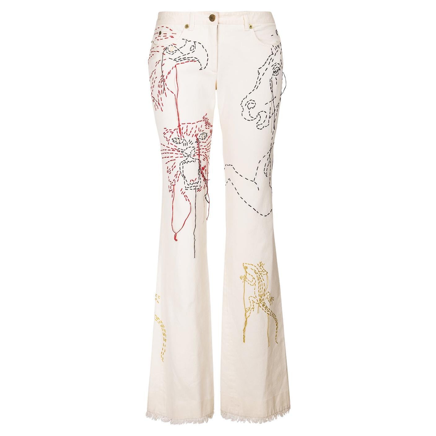 S/S 2000 Chloe by Stella McCartney Cream Jeans with Embroidered Animals