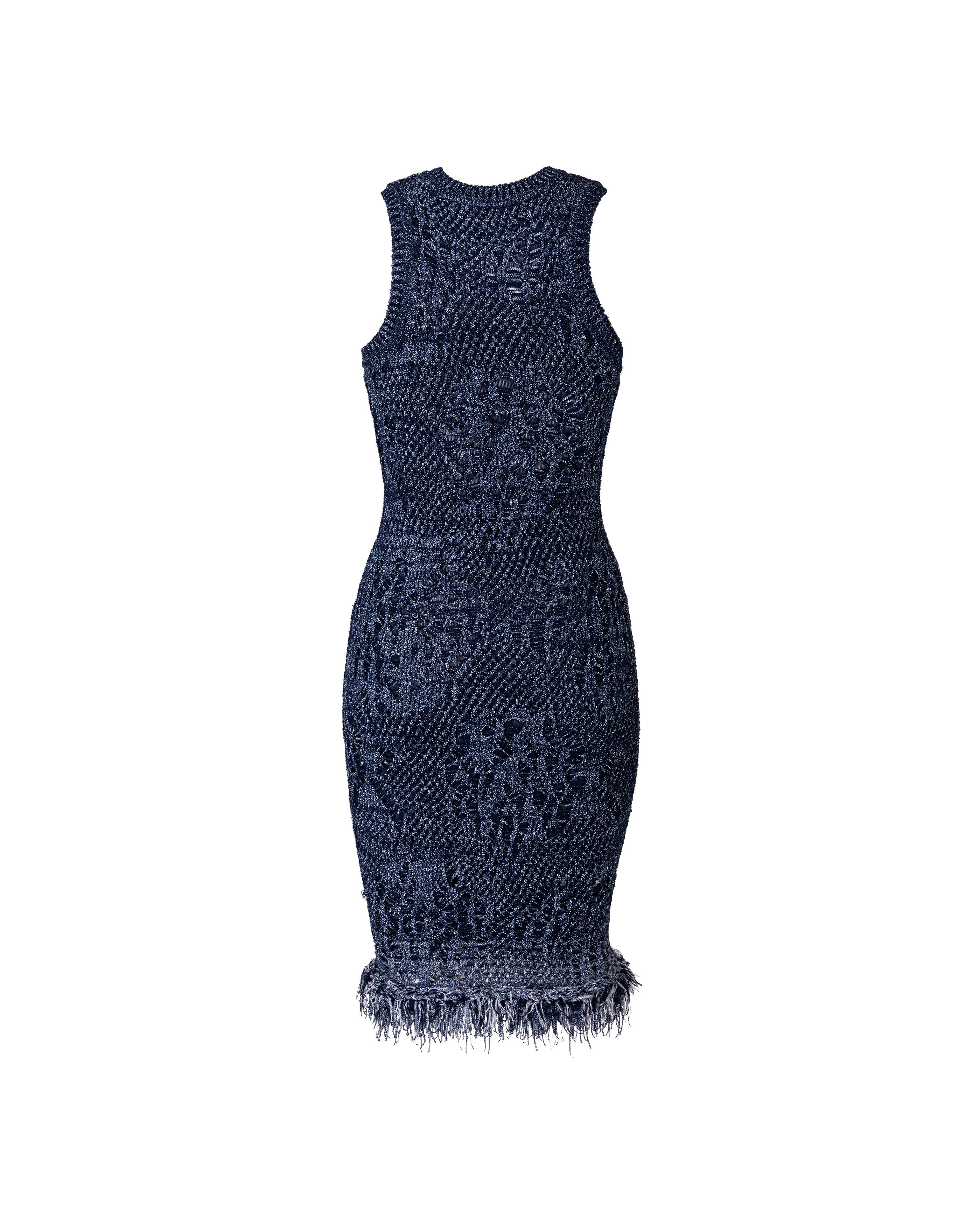 S/S 2000 Christian Dior by Galliano Deep Blue Knit Dress with Faux Feather Trim In Excellent Condition In North Hollywood, CA