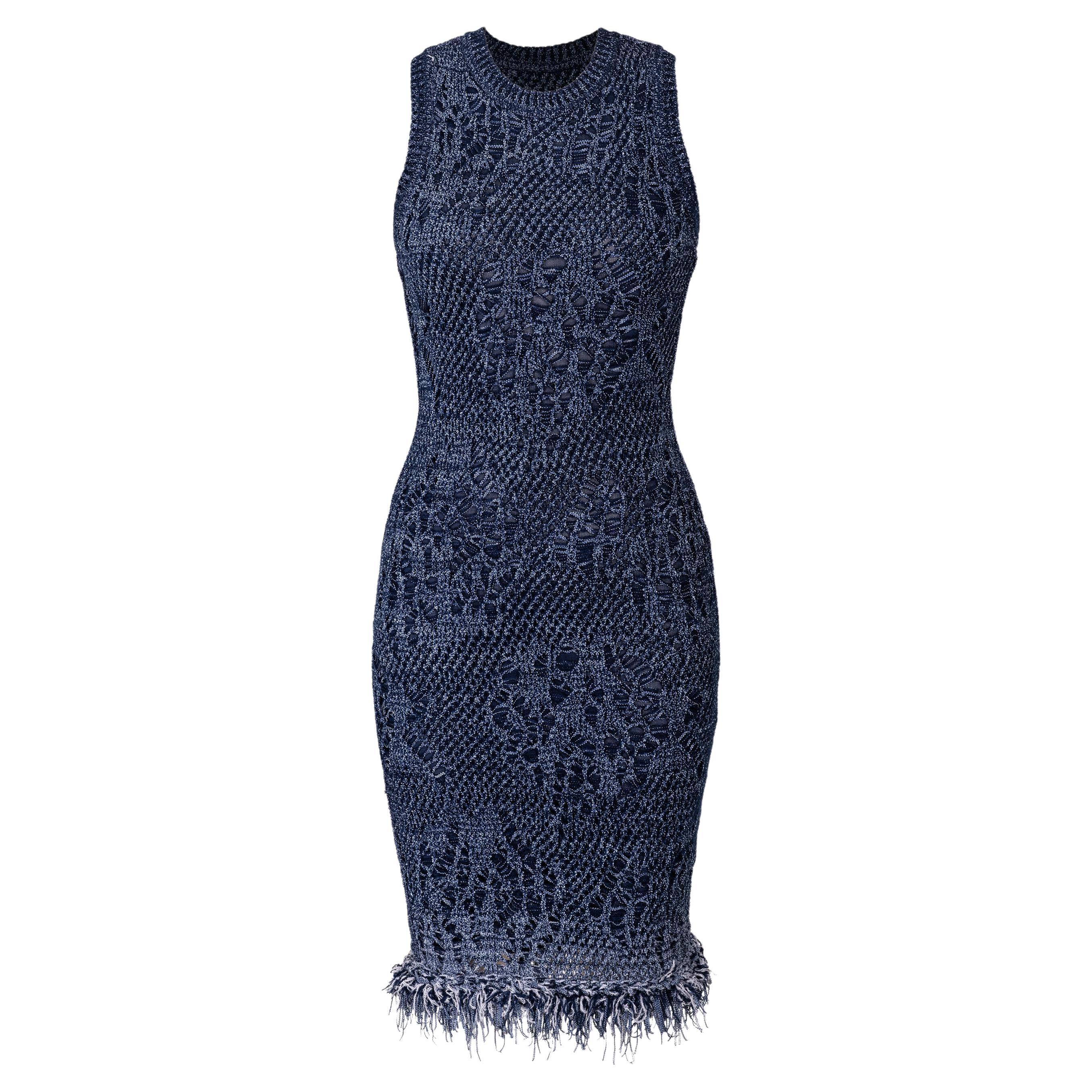 S/S 2000 Christian Dior by Galliano Deep Blue Knit Dress with Faux Feather Trim