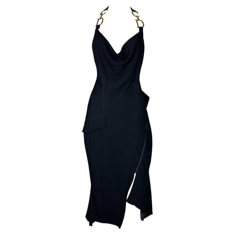 S/S 2000 Christian Dior by John Galliano Black Plunging Gold Logo Straps  Dress