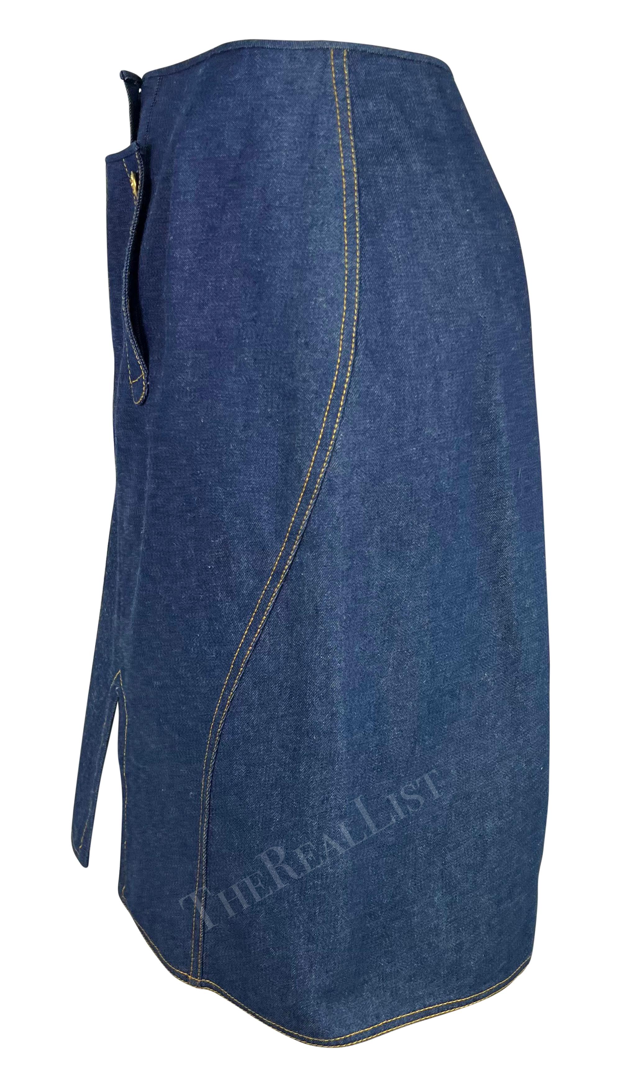 Purple S/S 2000 Christian Dior by John Galliano Blue Denim Gold Button Pencil Skirt For Sale