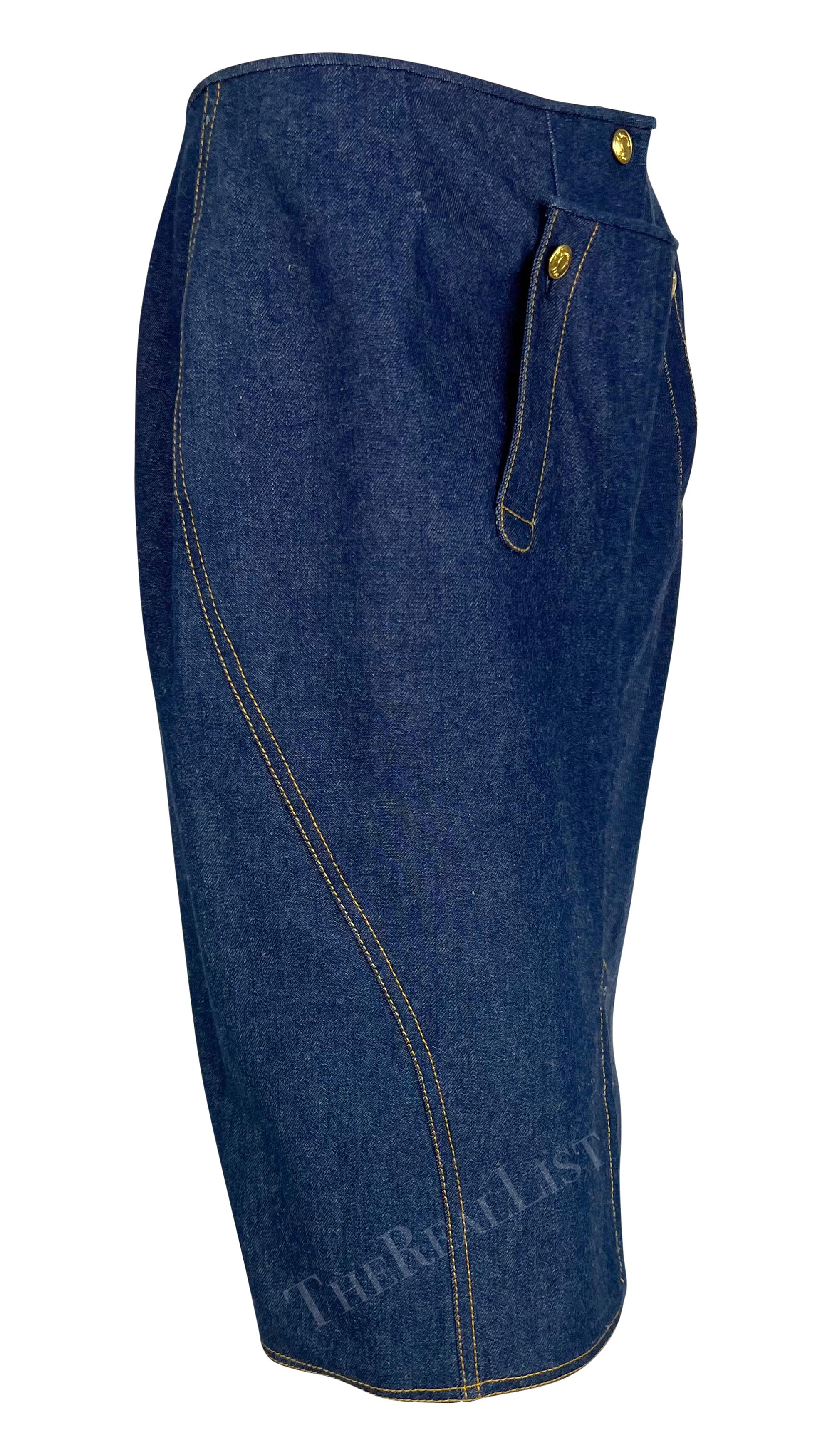 S/S 2000 Christian Dior by John Galliano Blue Denim Gold Button Pencil Skirt For Sale 1