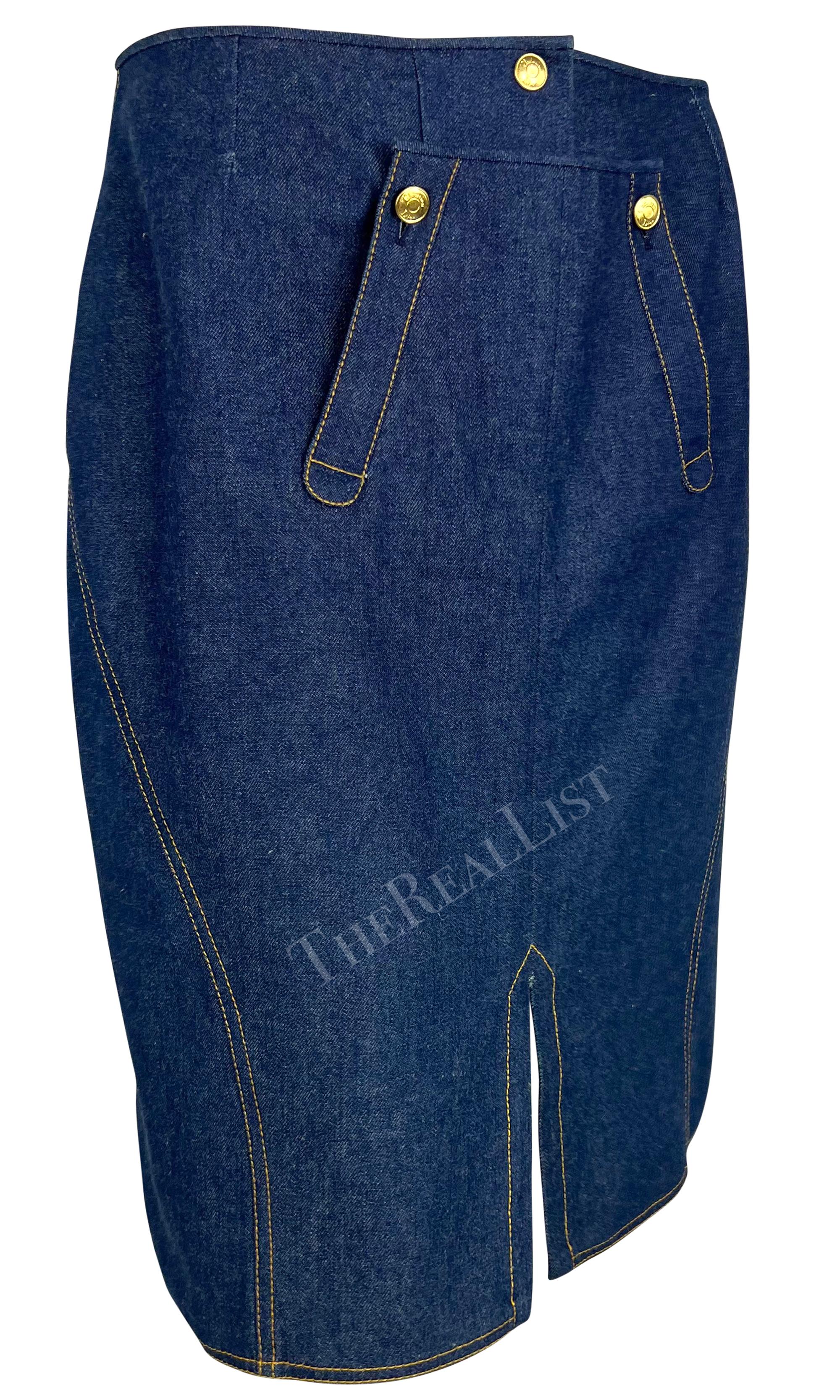 S/S 2000 Christian Dior by John Galliano Blue Denim Gold Button Pencil Skirt For Sale 2