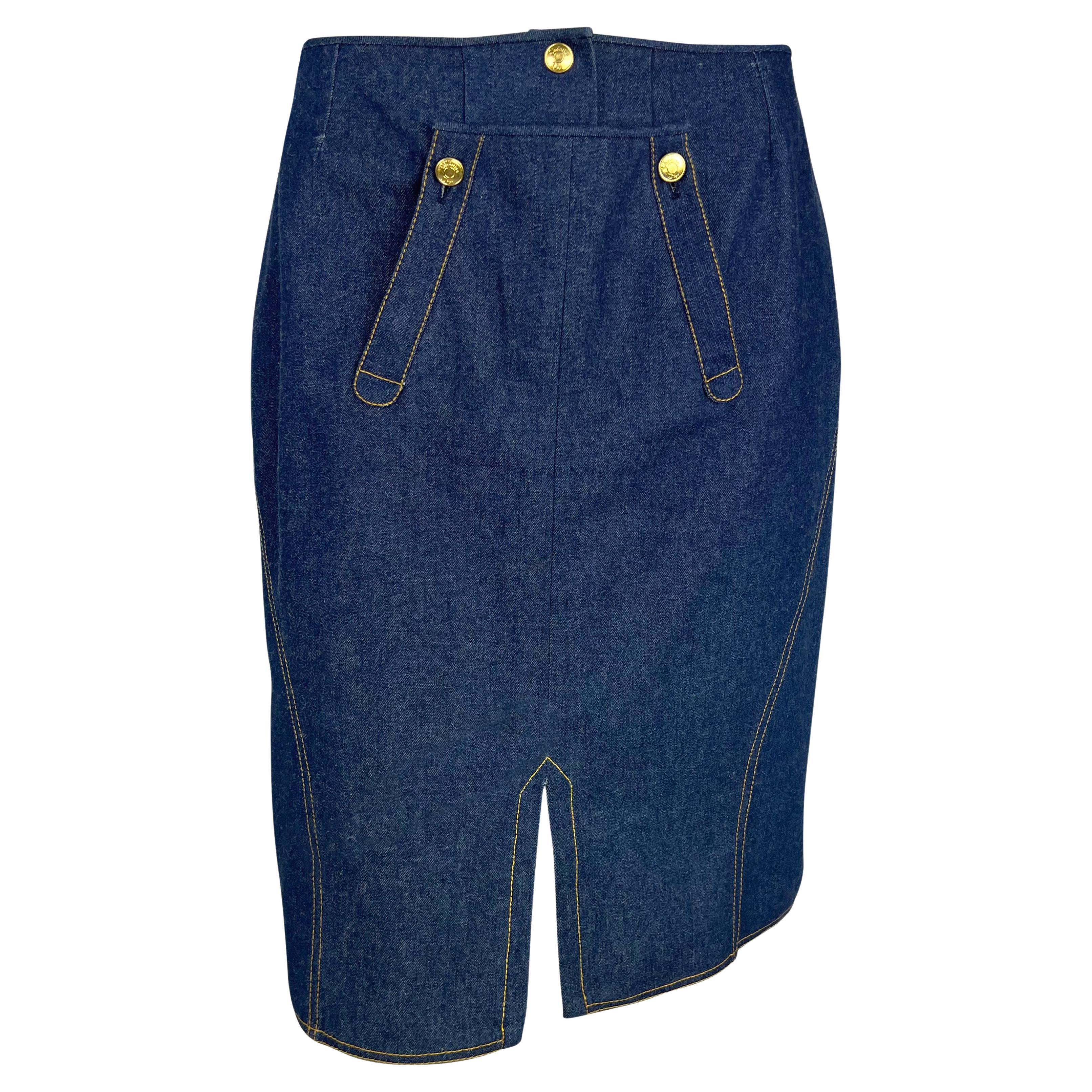 S/S 2000 Christian Dior by John Galliano Blue Denim Gold Button Pencil Skirt For Sale