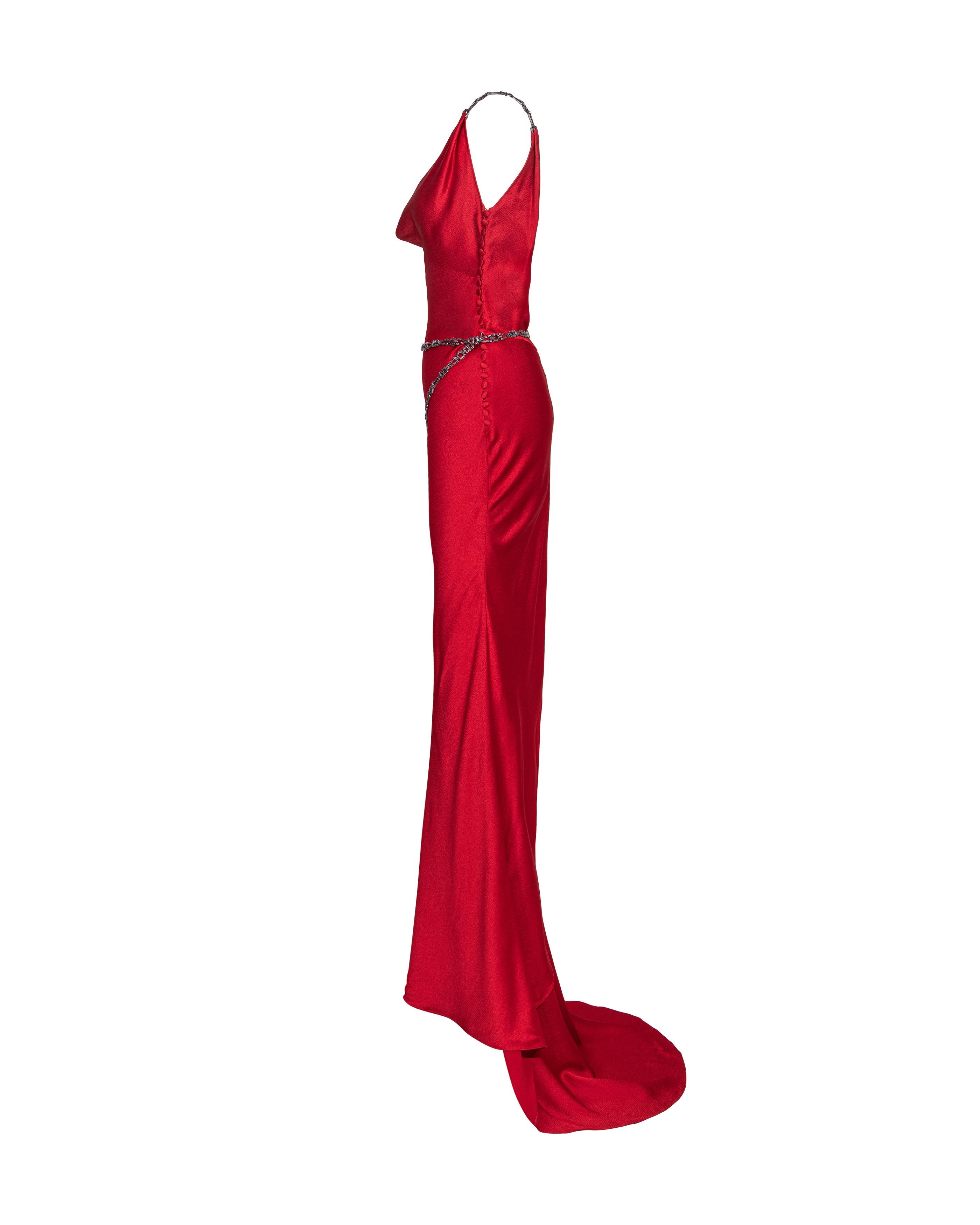S/S 2000 Christian Dior by John Galliano Red Bias Cut Gown with Jeweled Belt In Excellent Condition In North Hollywood, CA