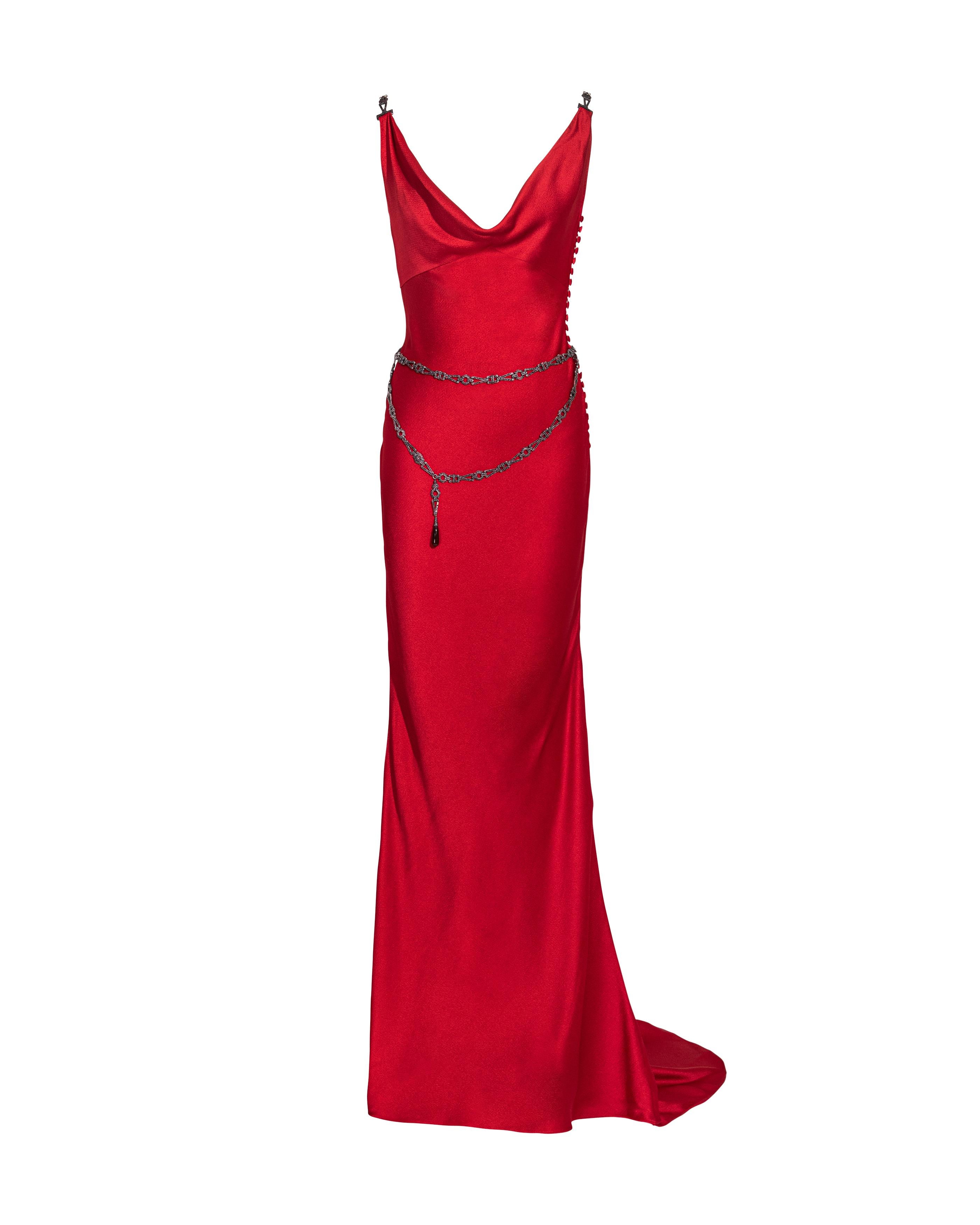 S/S 2000 Christian Dior by John Galliano Red Bias Cut Gown with Jeweled Belt 3